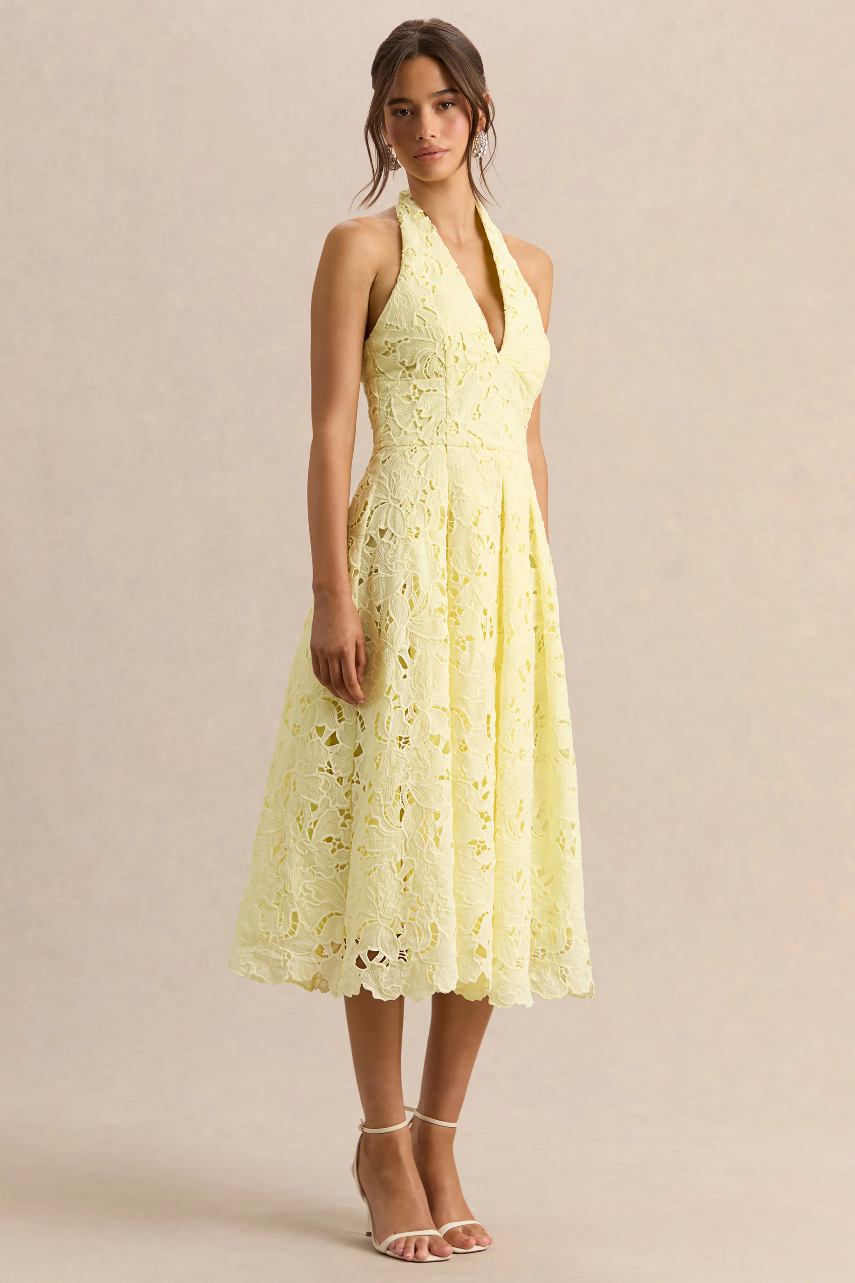 Maribel | Lemon Lace Plunge-Neck Midi Dress - Image 4
