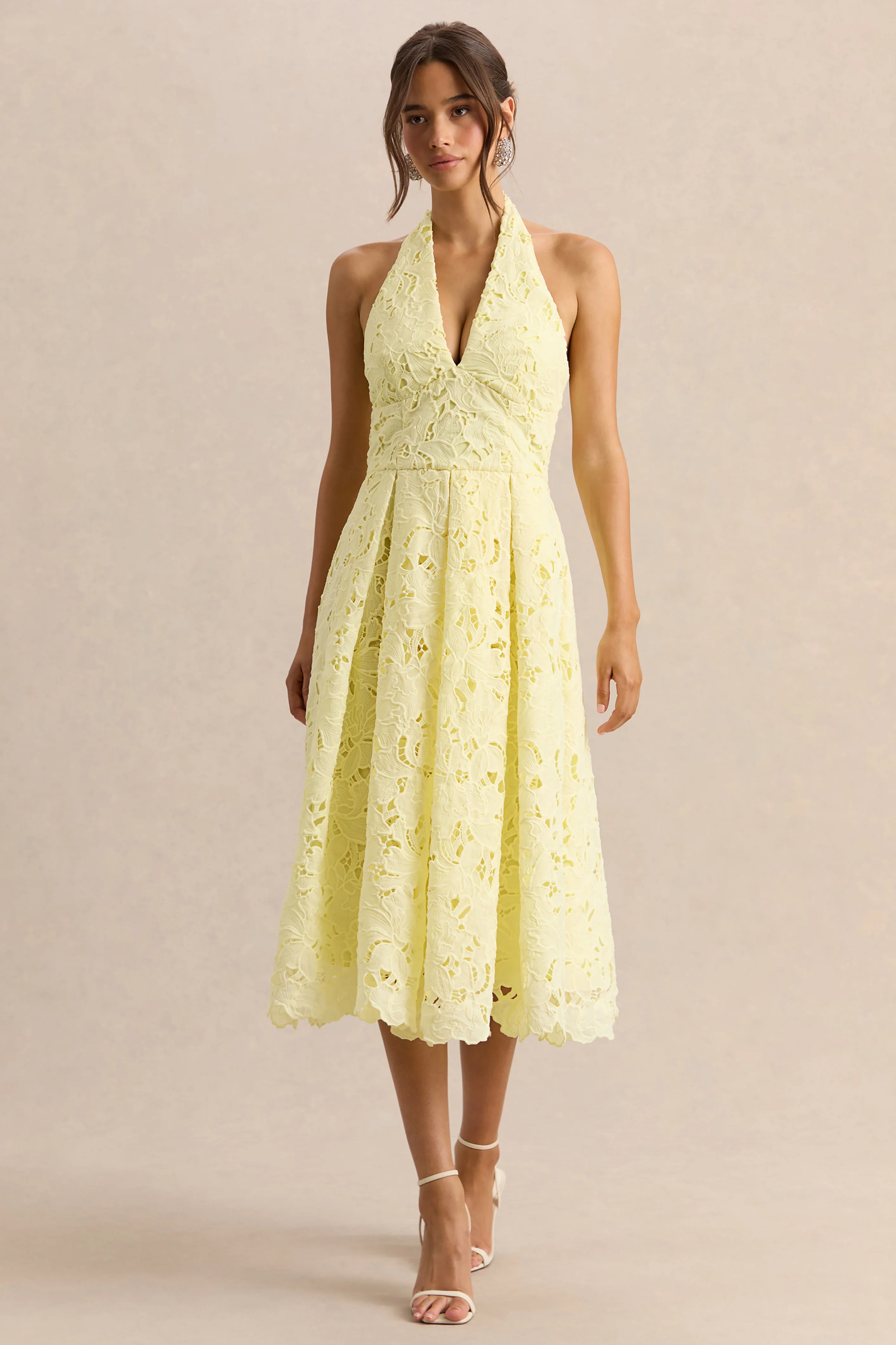 Maribel | Lemon Lace Plunge-Neck Midi Dress - Image 6
