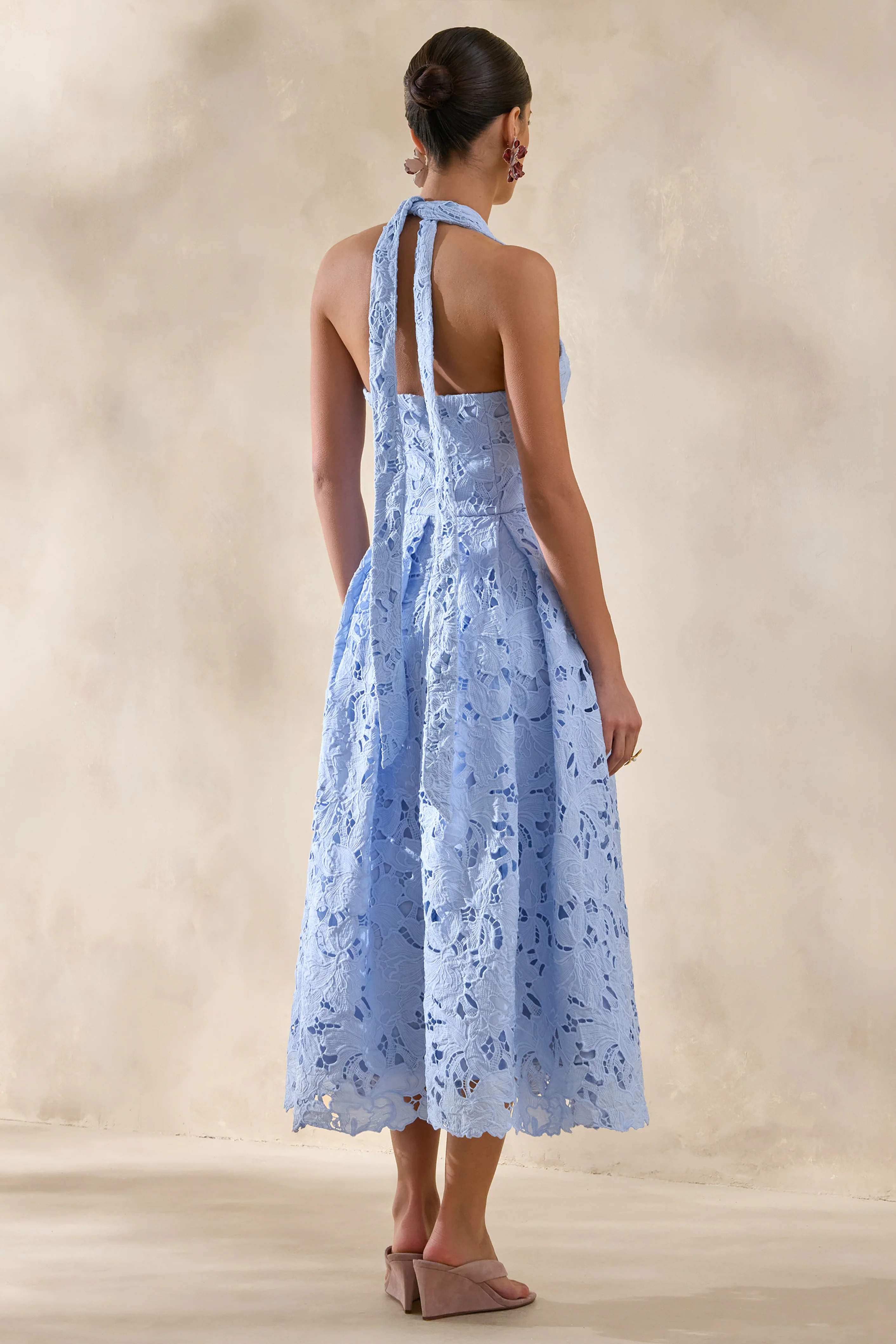Maribel | Powder Blue Lace Plunge-Neck Midi Dress - Image 2