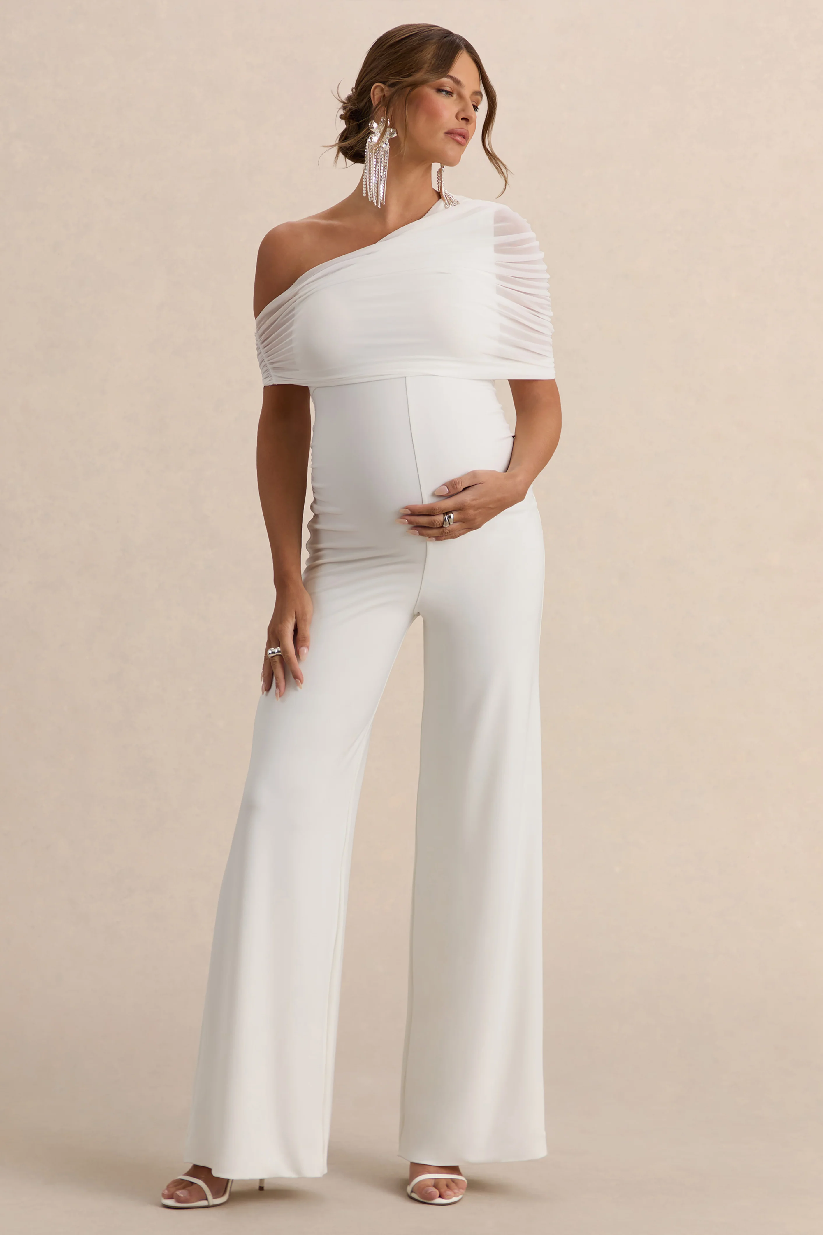 Mariska | White Asymmetric-Neck Maternity Jumpsuit - Image 4