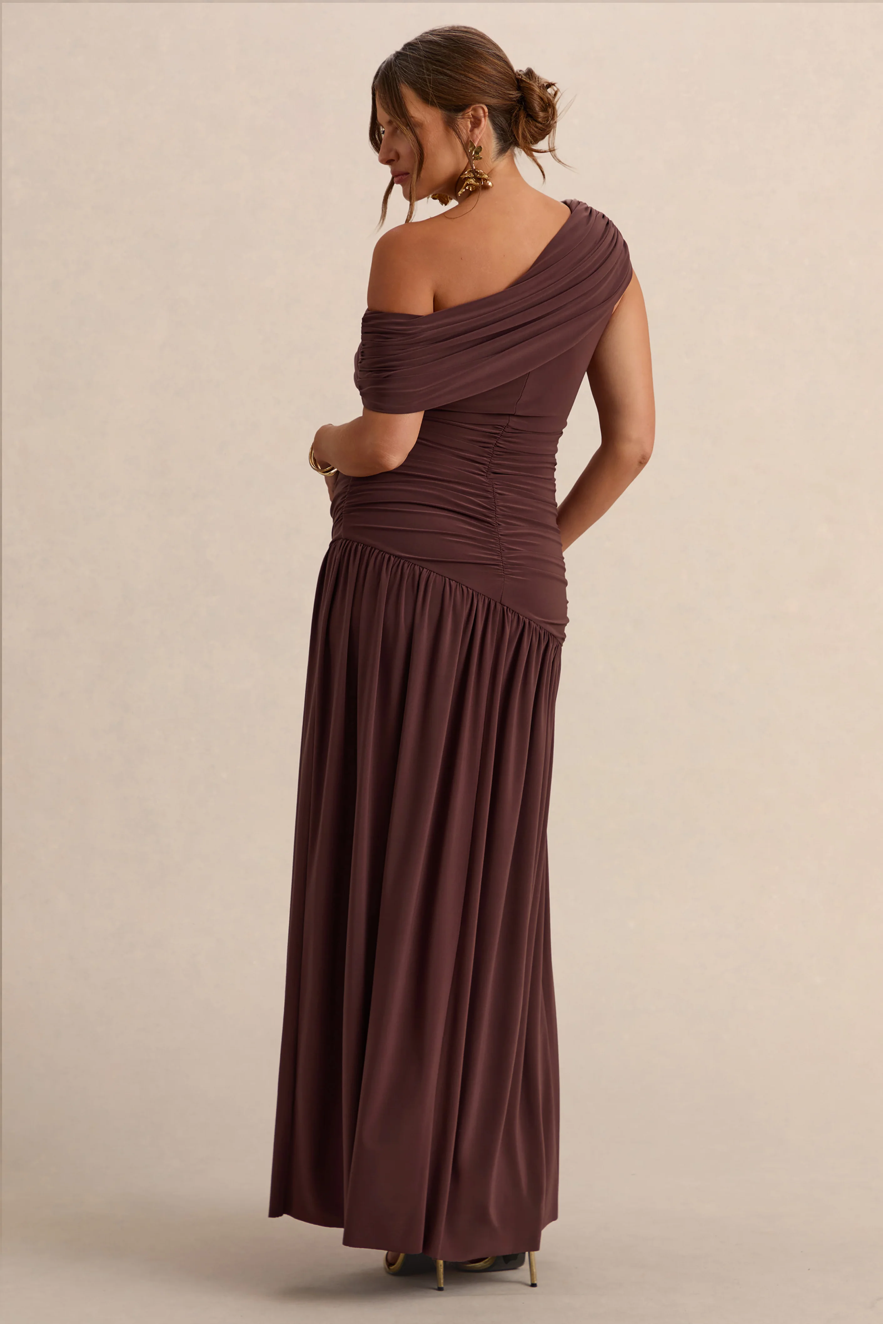 Marjorie | Dark Brown Asymmetric-Neck Maternity Maxi Dress - Image 2