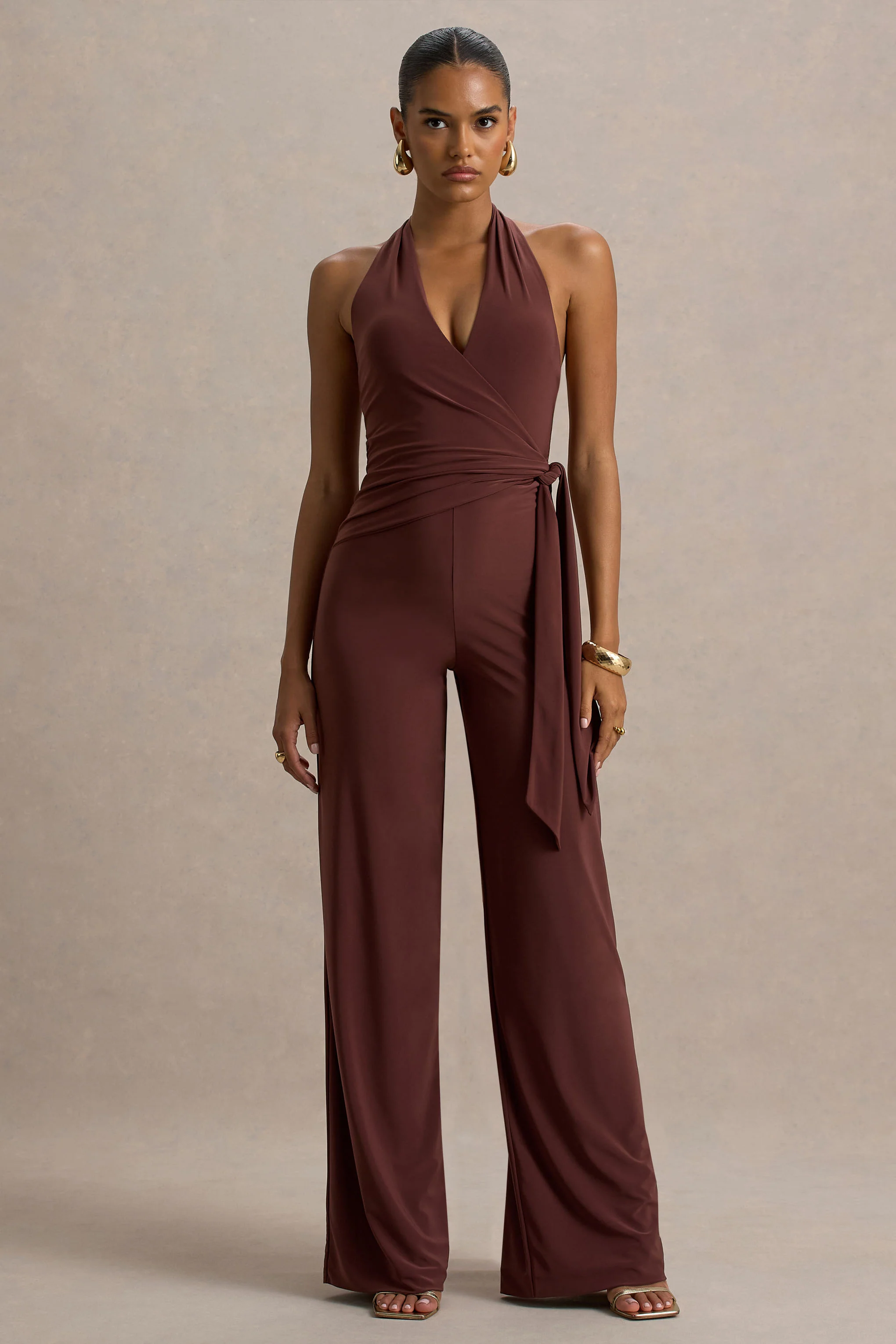 Marlais | Chocolate Plunge-Neck Jumpsuit With Tie-Waist - Image 4