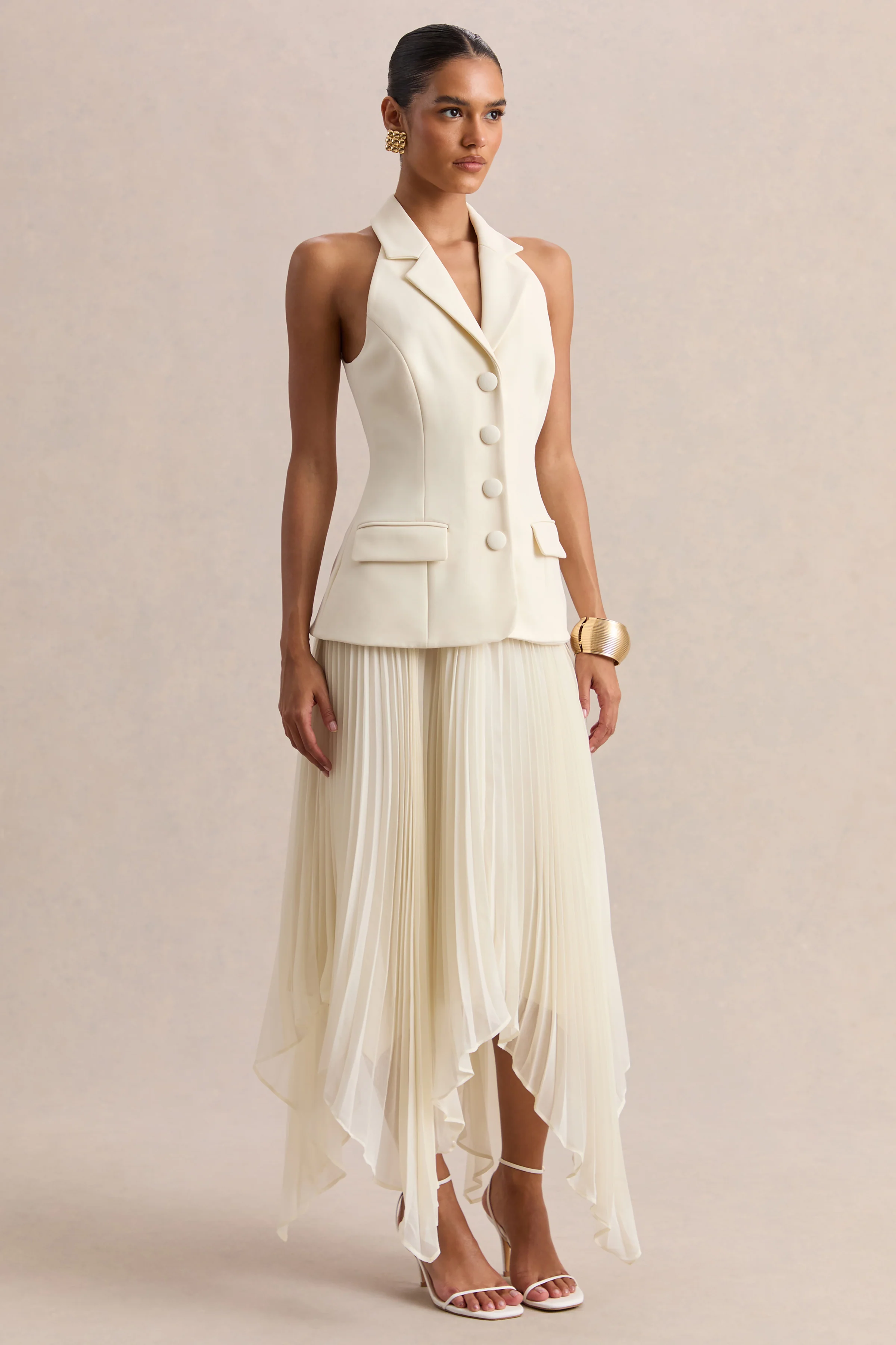Marvelle | Cream Plunge-Neck Maxi Dress With Hanky Hem - Image 5