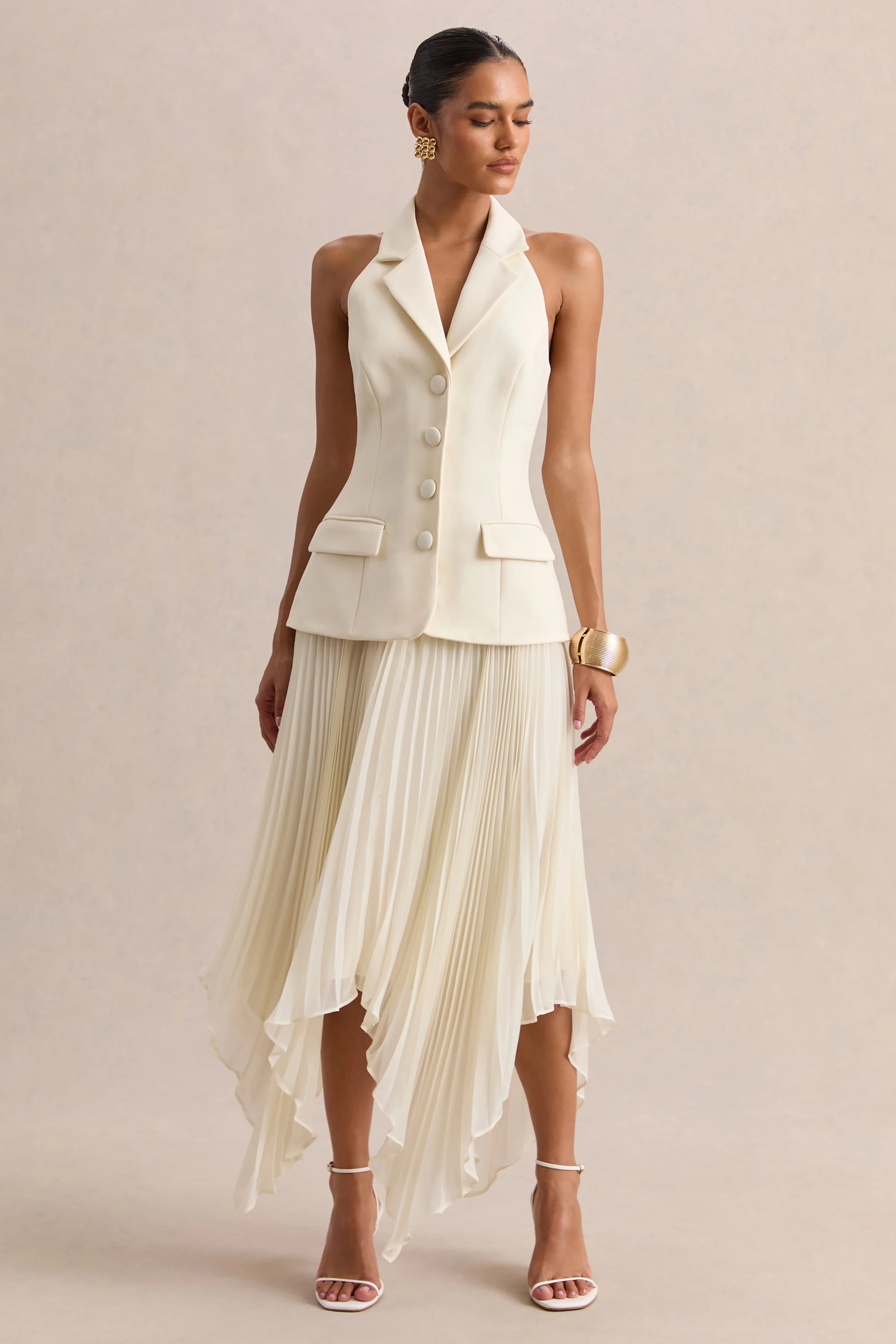 Marvelle | Cream Plunge-Neck Maxi Dress With Hanky Hem - Image 6