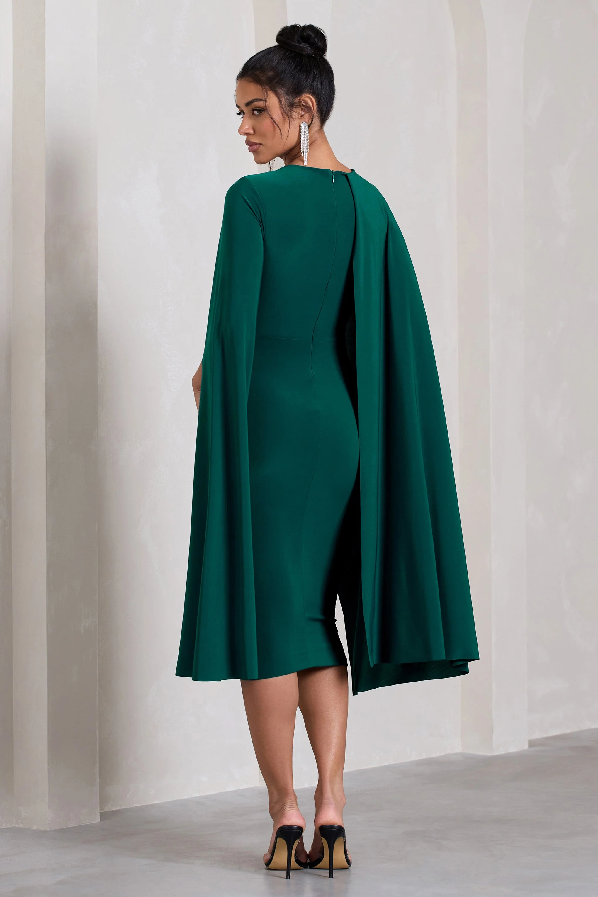 Marysol | Bottle Green Asymmetric Cape Midi Dress - Image 2