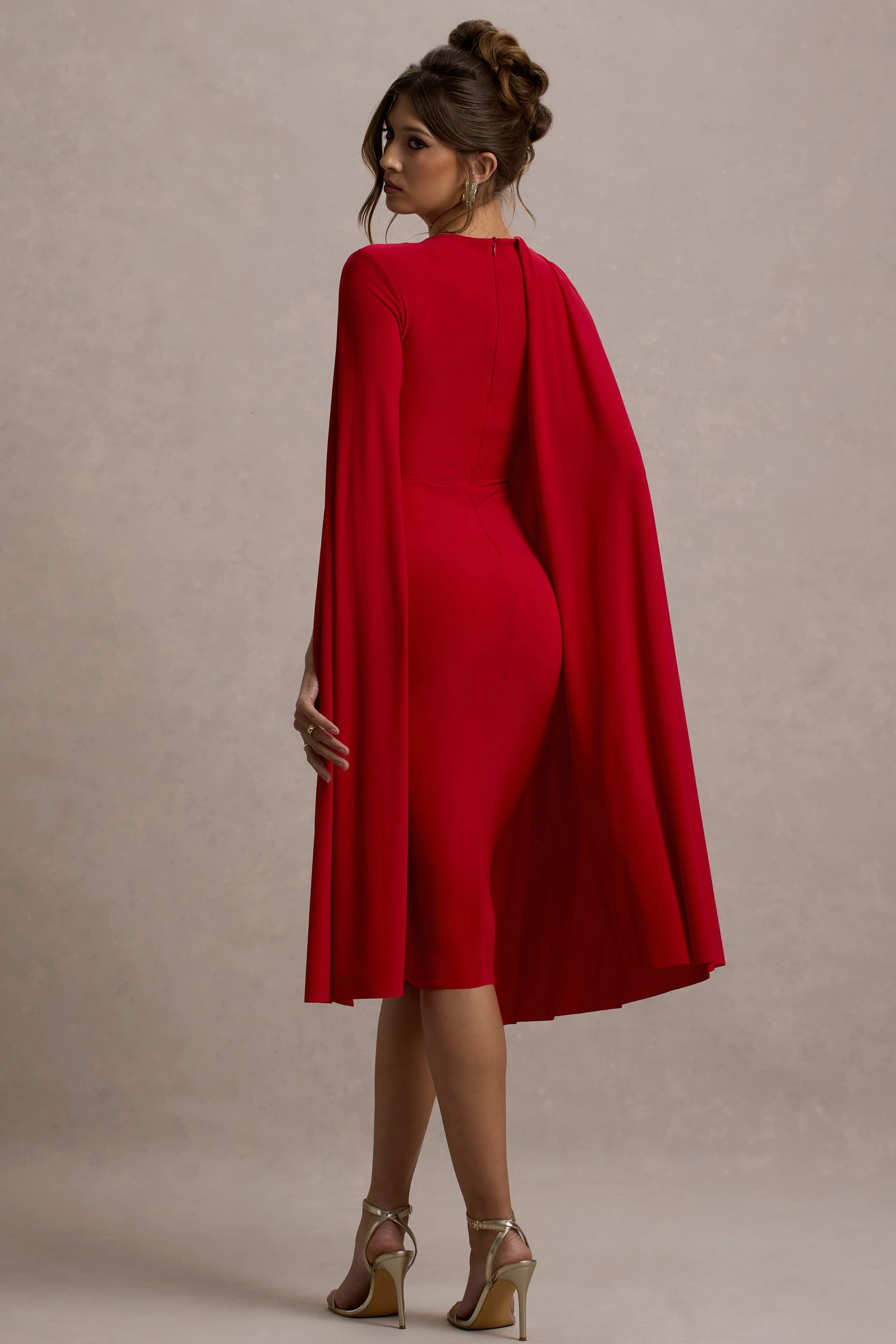 Marysol | Red Asymmetric Cape Midi Dress - Image 2