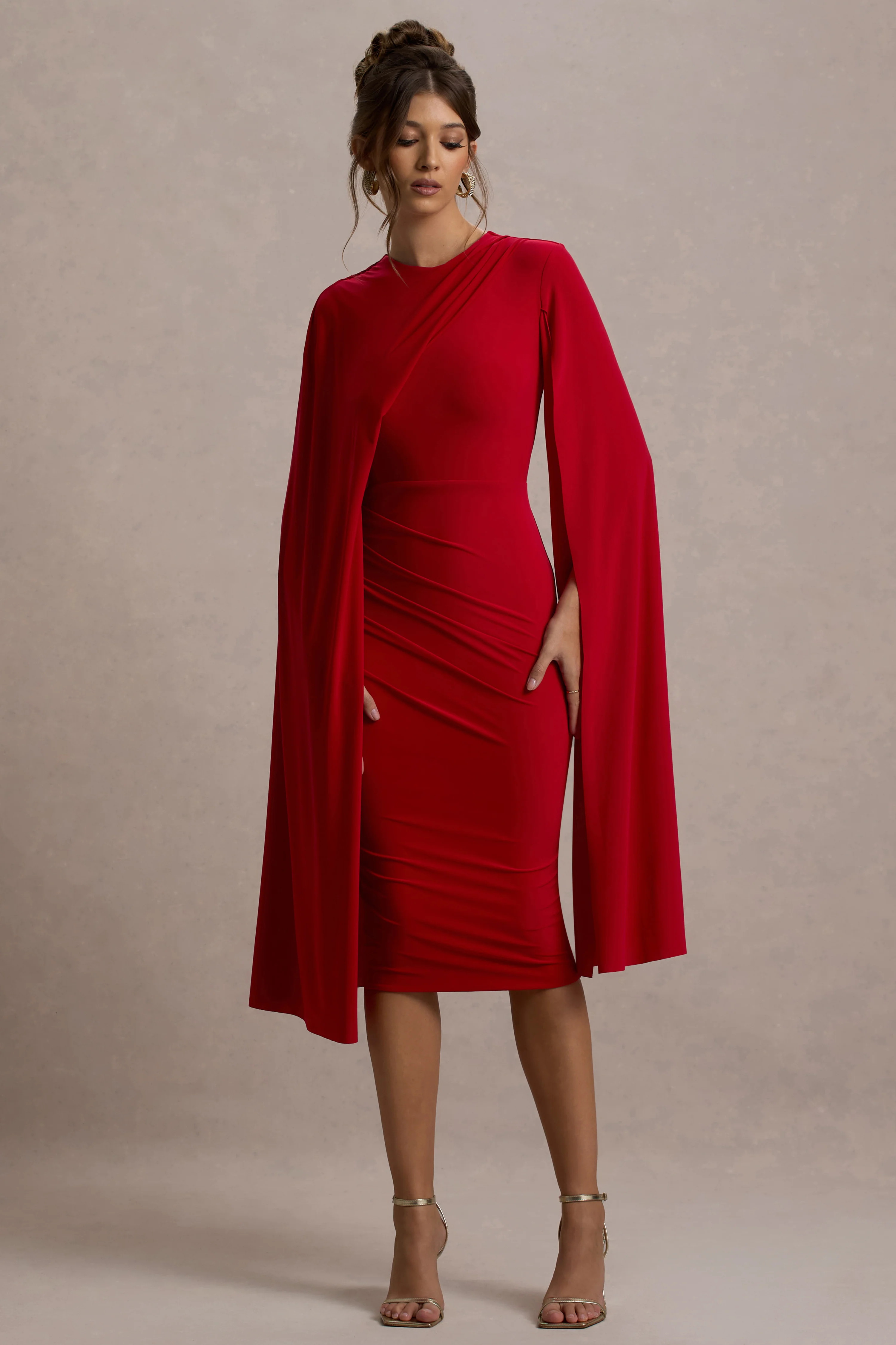 Marysol | Red Asymmetric Cape Midi Dress - Image 5