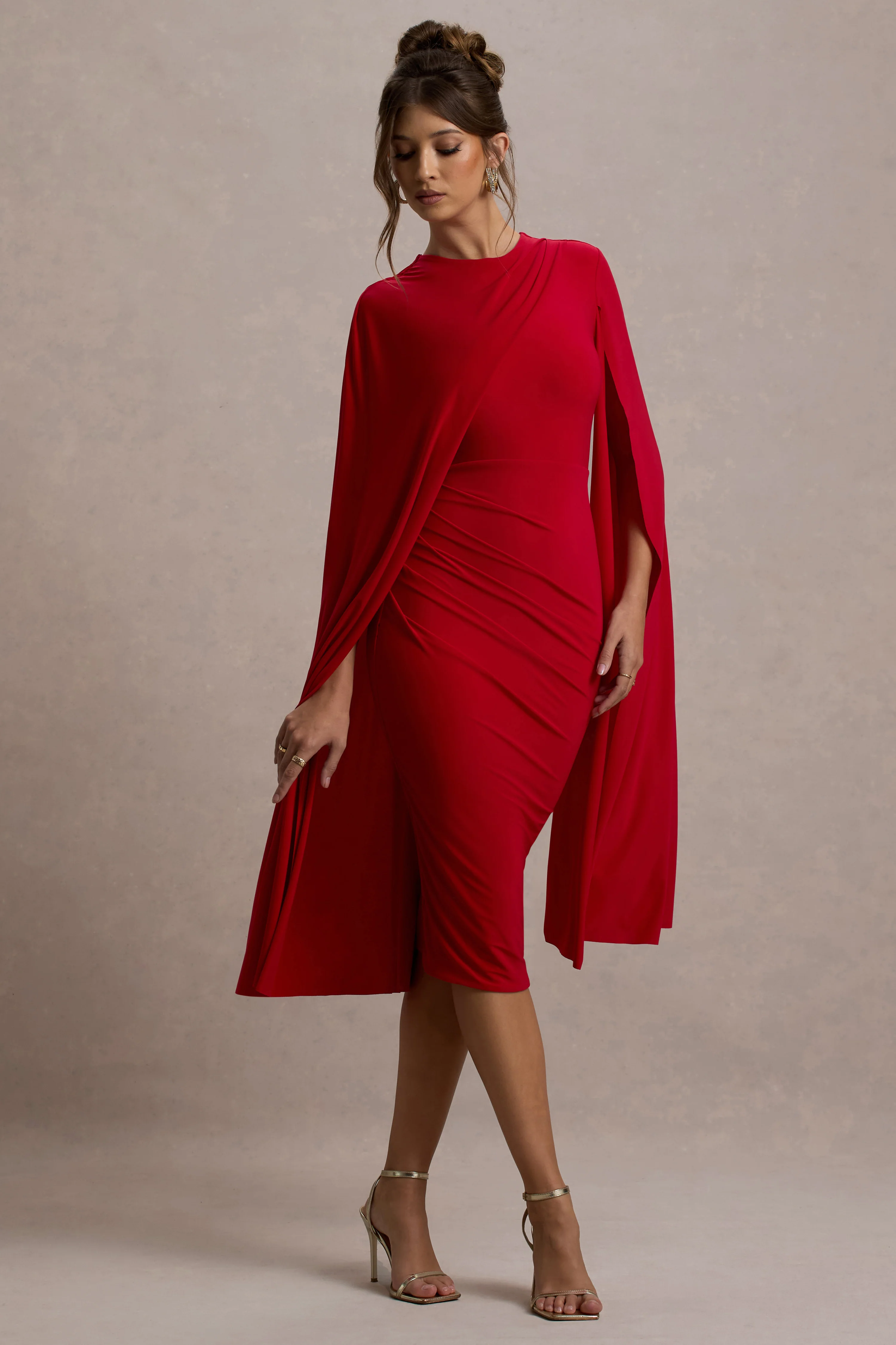 Marysol | Red Asymmetric Cape Midi Dress - Image 6