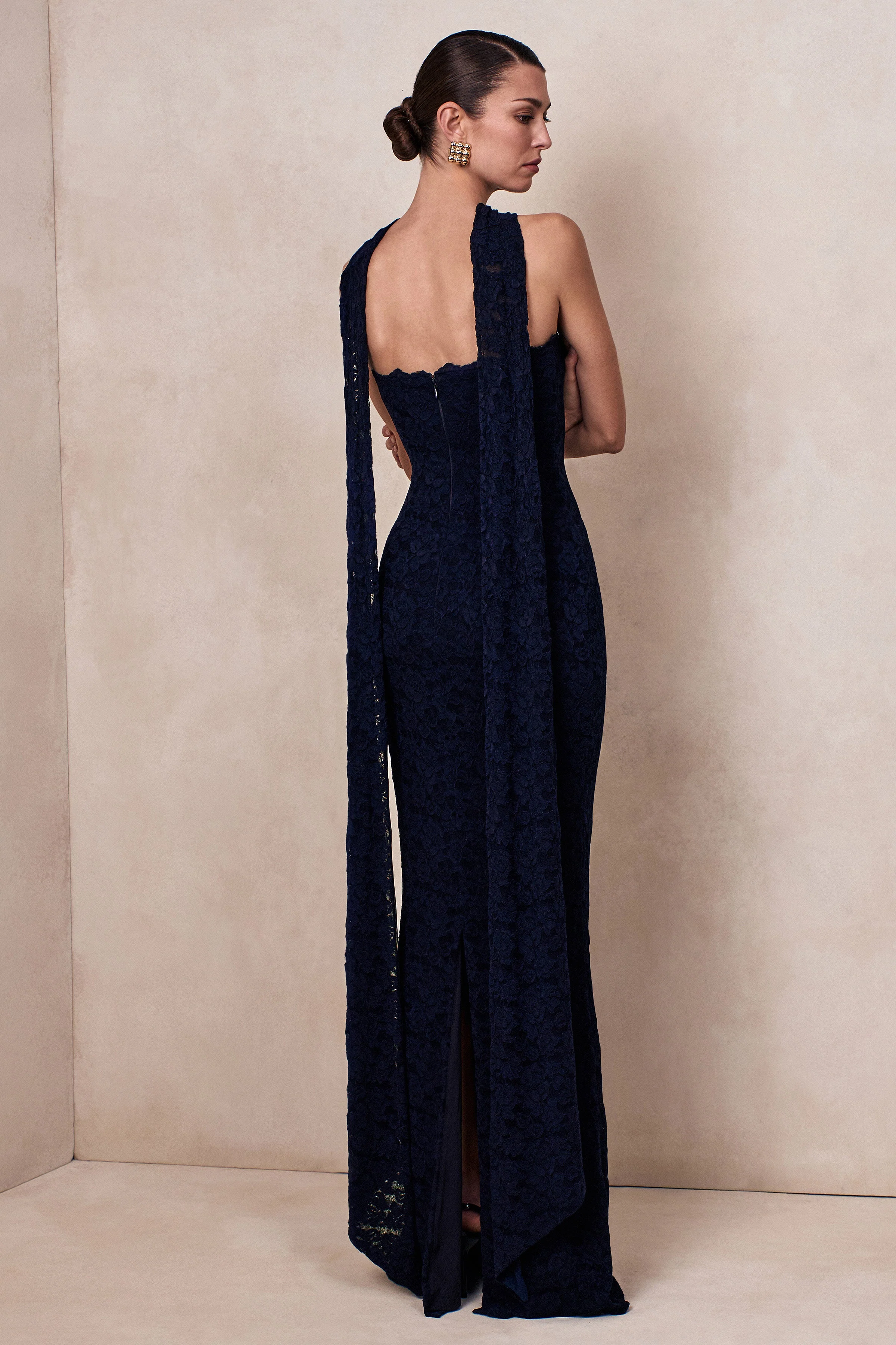 Massima | Navy Lace Bandeau Maxi Dress With Scarf-Detail - Image 2