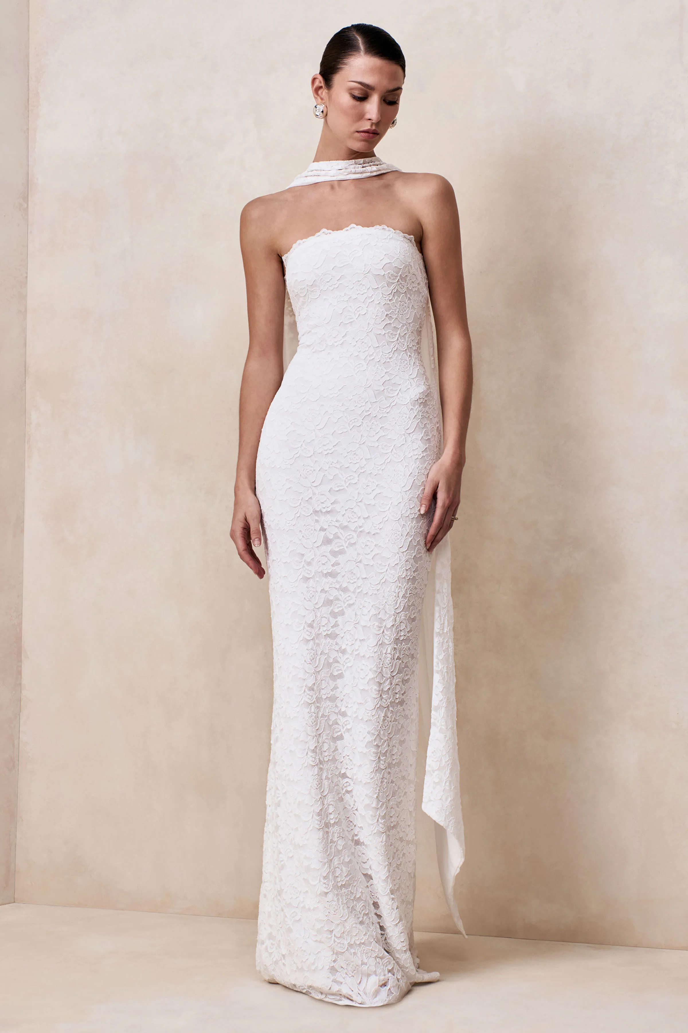 Massima | White Lace Bandeau Maxi Dress With Scarf-Detail - Image 7