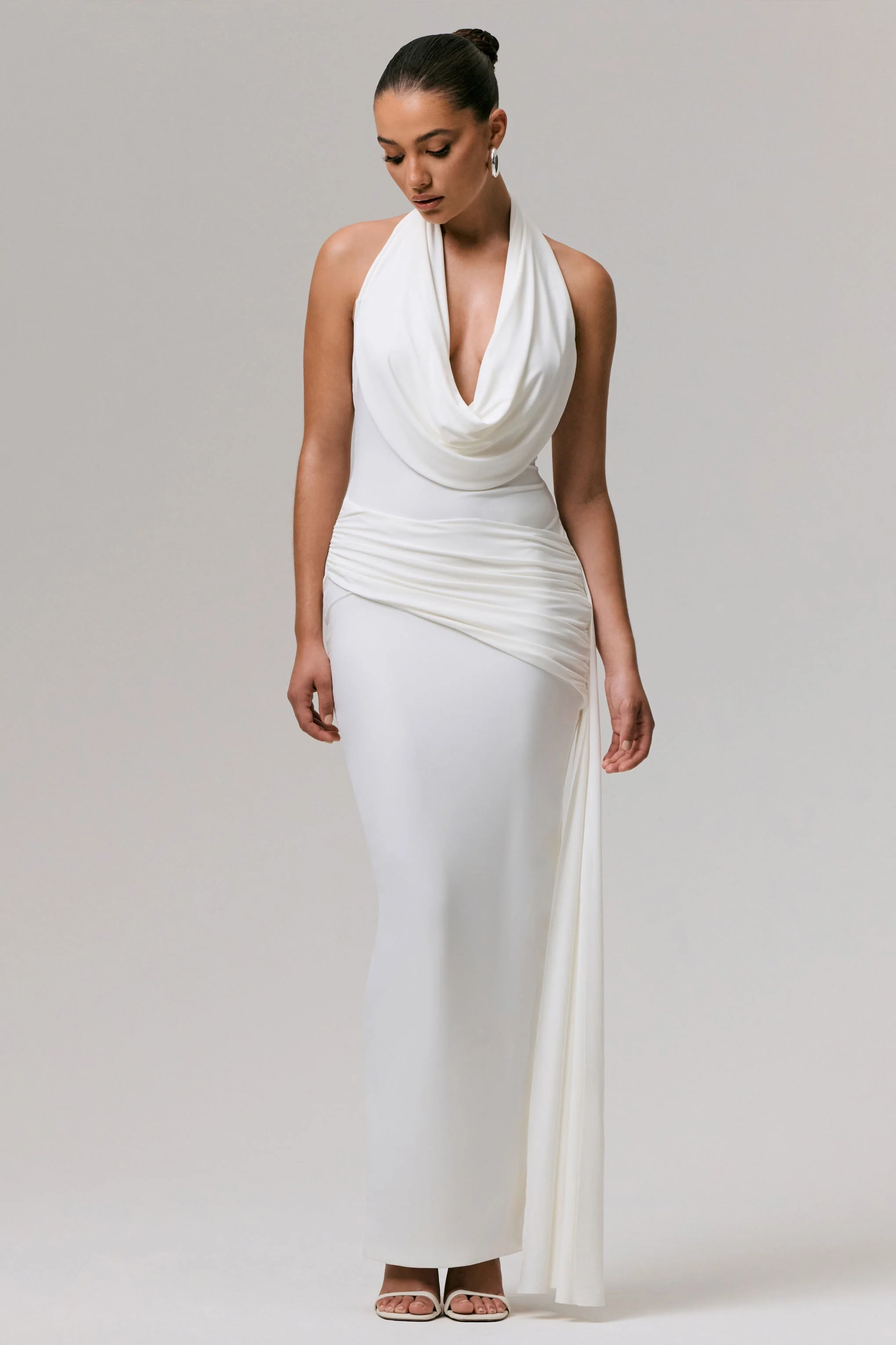 Maude | White Plunge-Neck Ruched Maxi Dress With Sash - Image 3