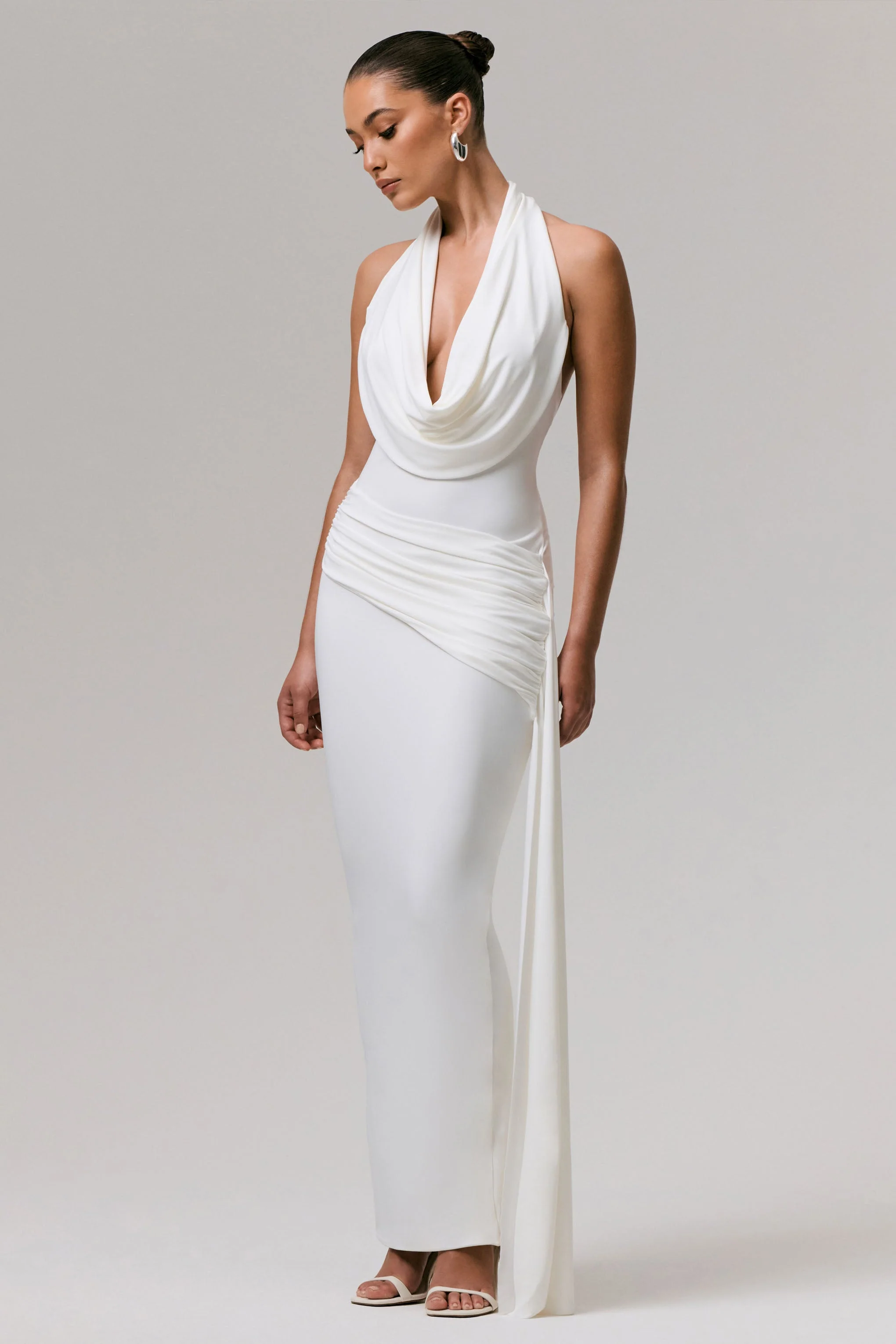 Maude | White Plunge-Neck Ruched Maxi Dress With Sash - Image 4
