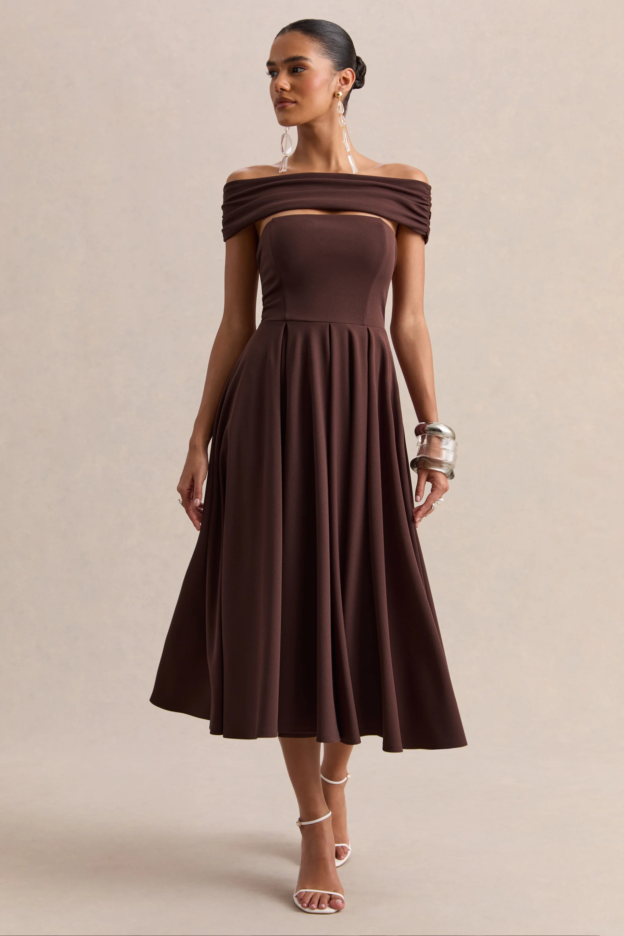 Mavina | Brown Bardot-Neck Midi Dress - Image 5