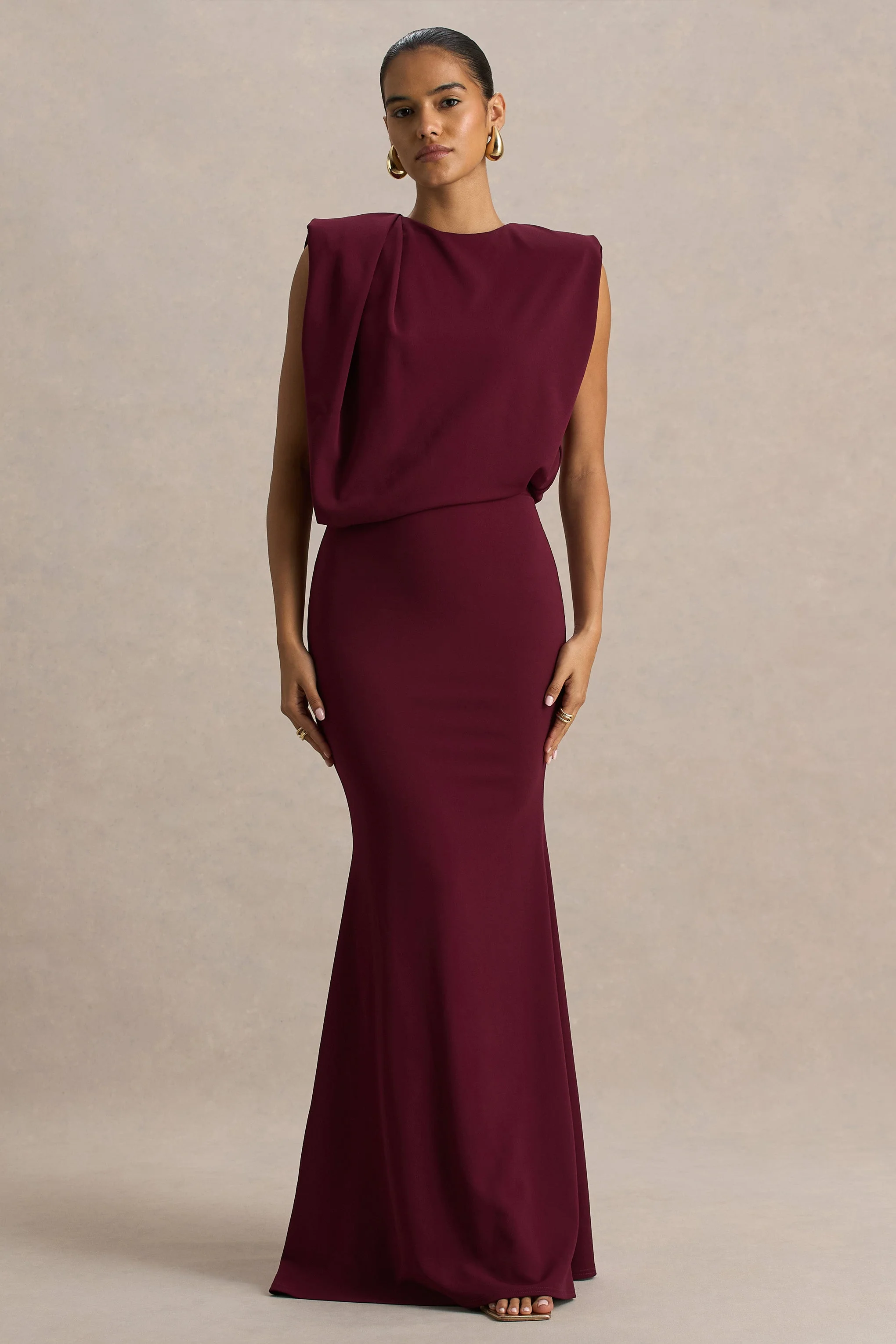 Meave | Burgundy Boat-Neck Maxi Dress With Draped Detail - Image 2