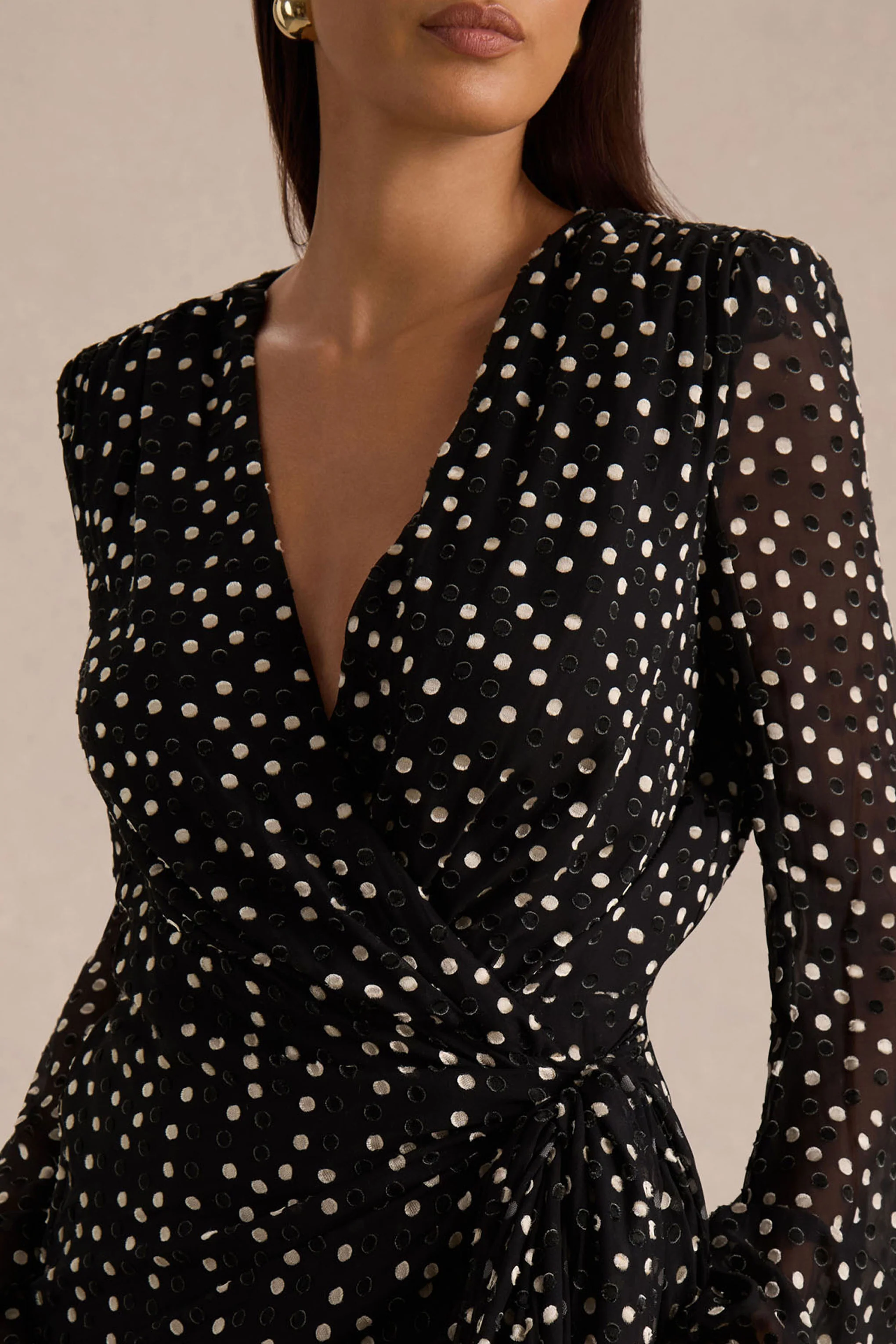Mela | Black And White Polka Dot Plunge-Neck Mini Dress With Bell-Sleeves And Sash Detail - Image 4