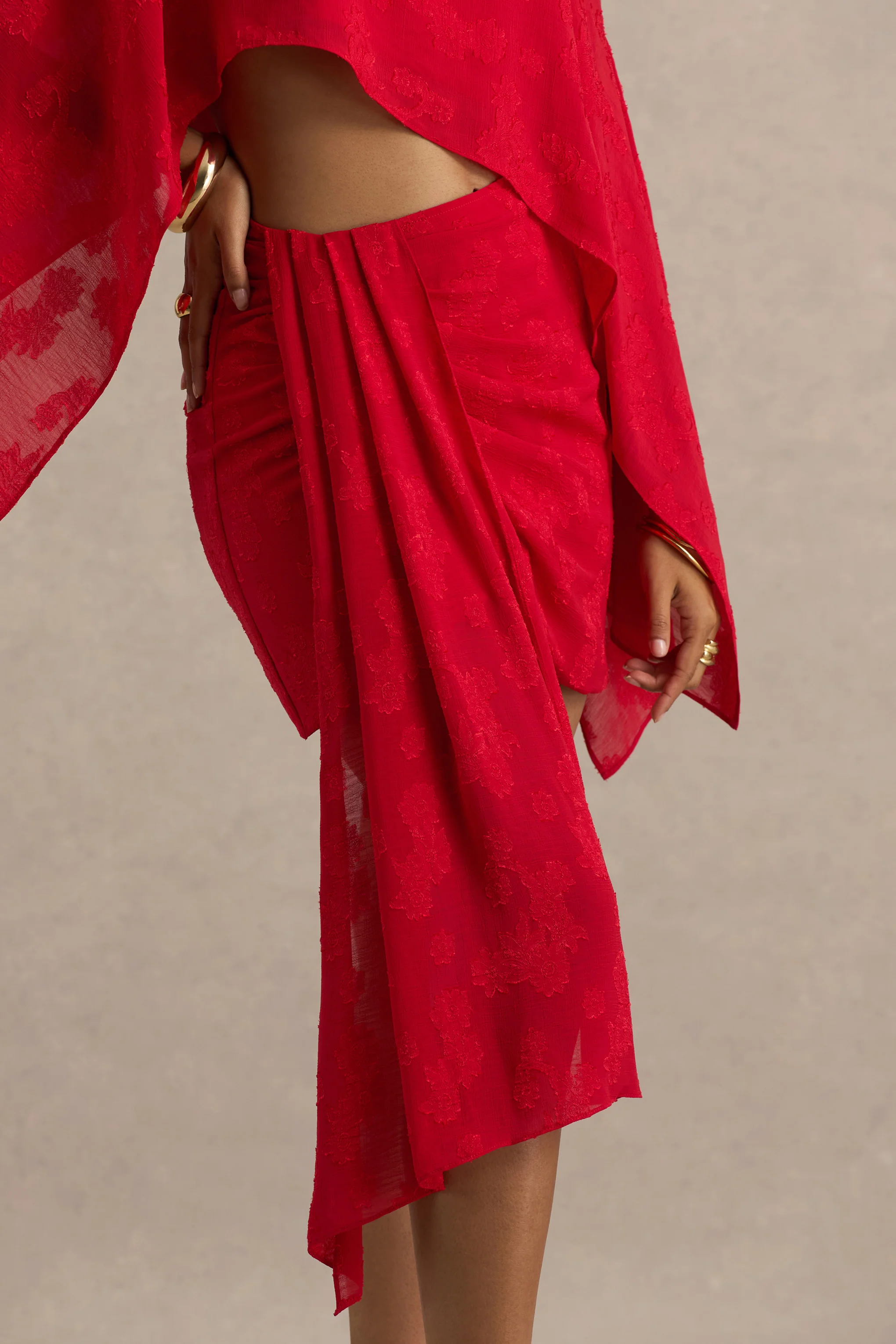 Melania | Red Satin Devore Wrap Mini Skirt With Sash Detail - Image 6