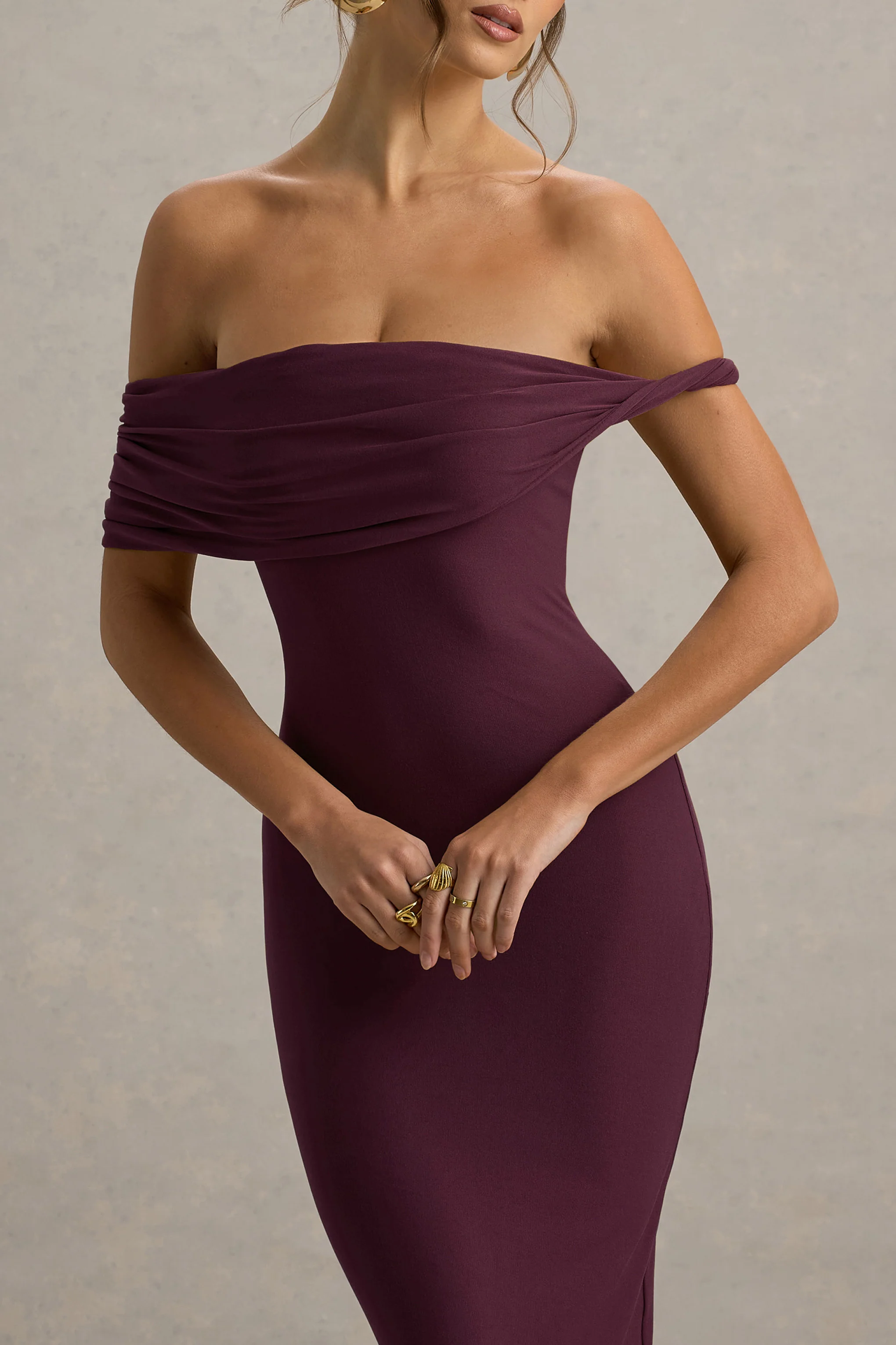 Melika | Burgundy Twisted Bardot Maxi Dress - Image 3