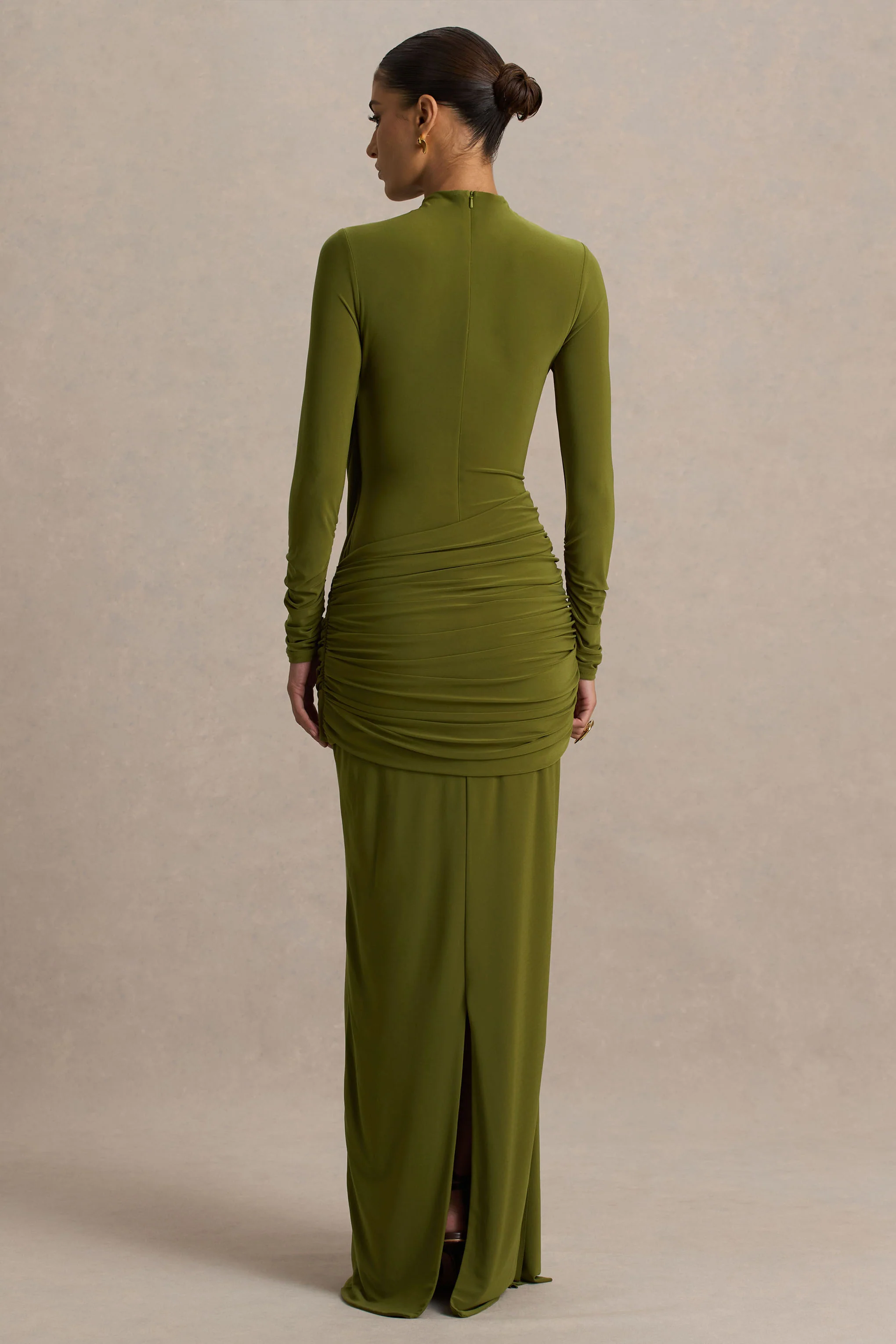 Melissa | Olive Long-Sleeve Wrap Maxi Dress With Draped Detailing - Image 2