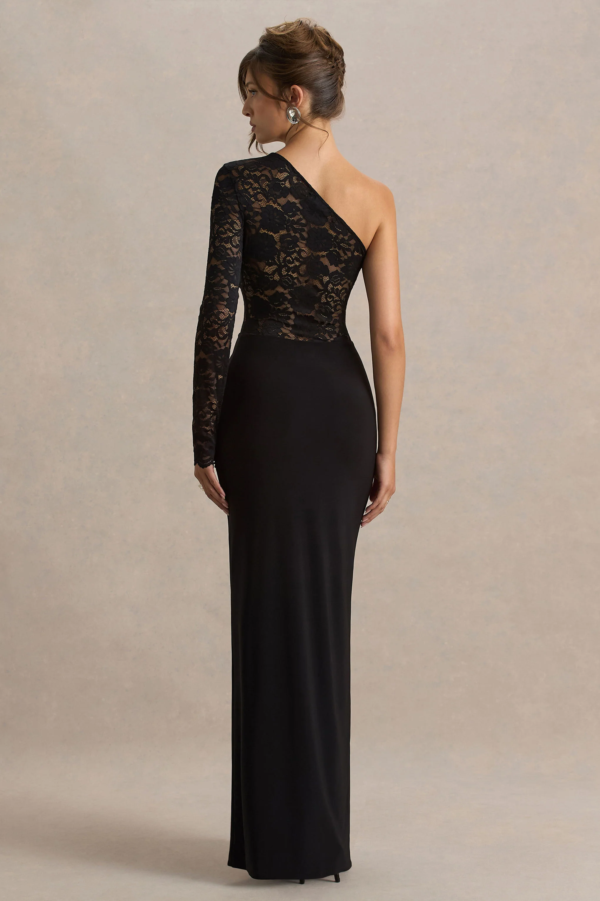 Melody | Black Asymmetric-Neck Maxi Dress With Lace Detailing And Front-High Split - Image 2