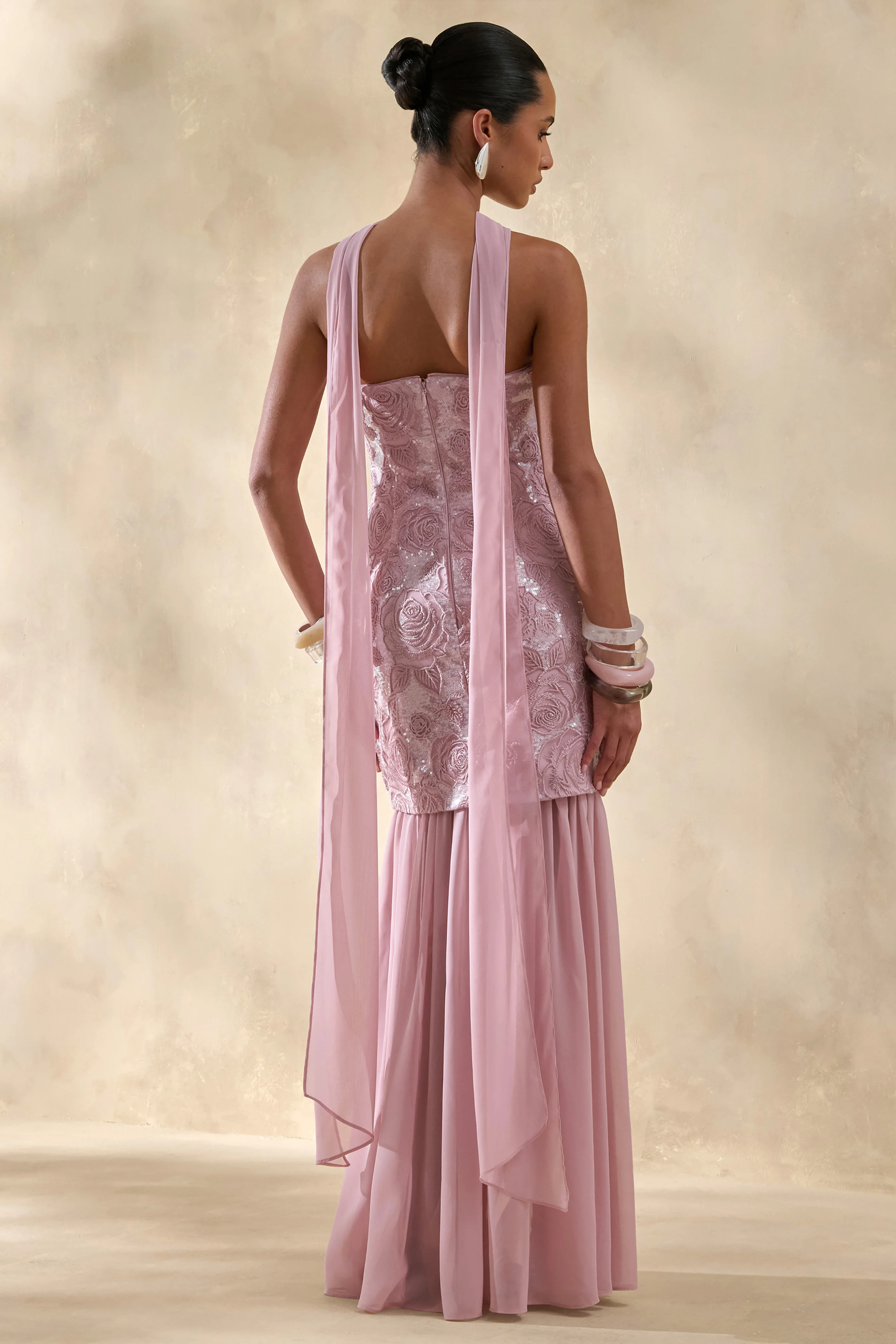 Meraly | Pink Sequin Bandeau Maxi Dress With Scarf-Detail - Image 2