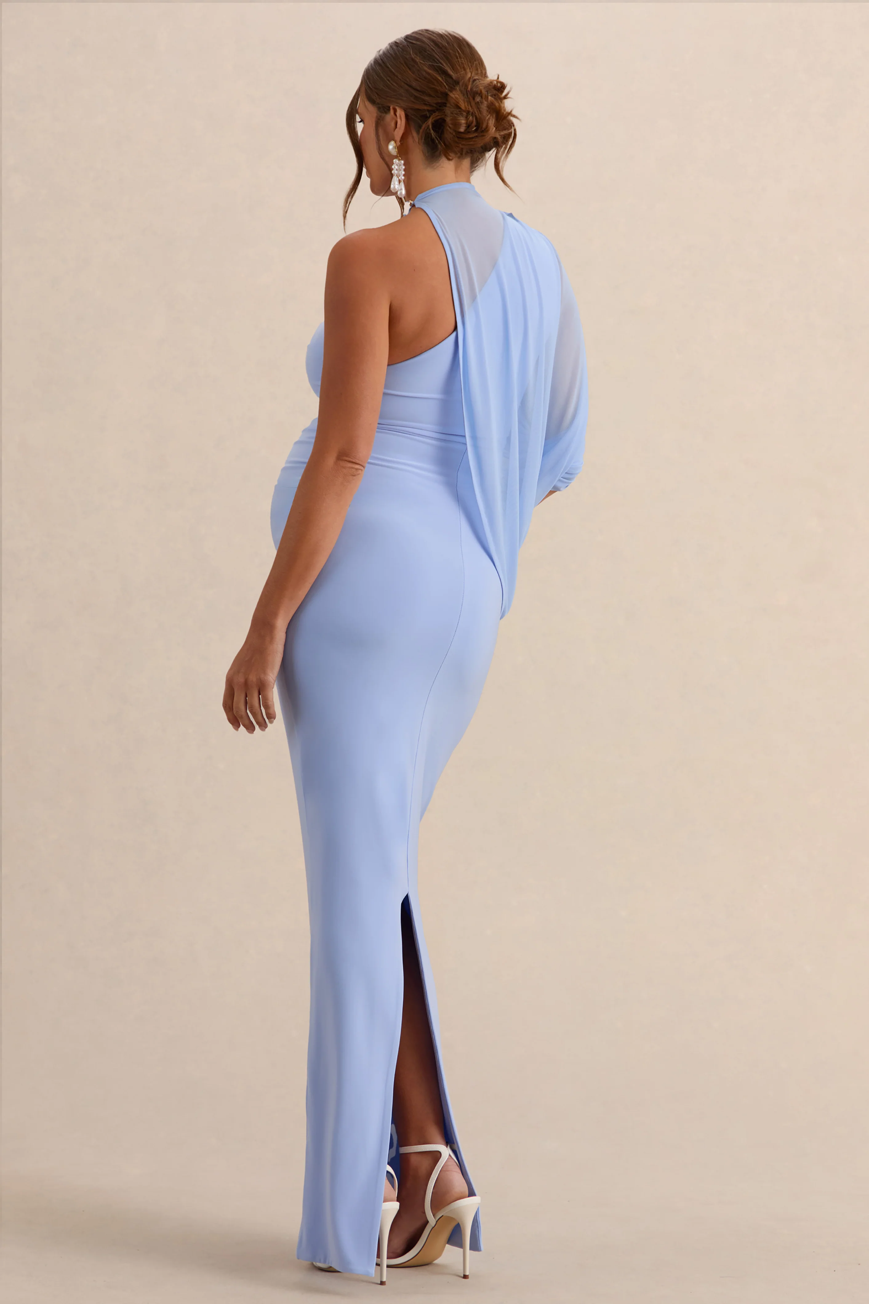 Merella | Light Blue High Neck Maternity Maxi Dress With Cape Sleeve - Image 2