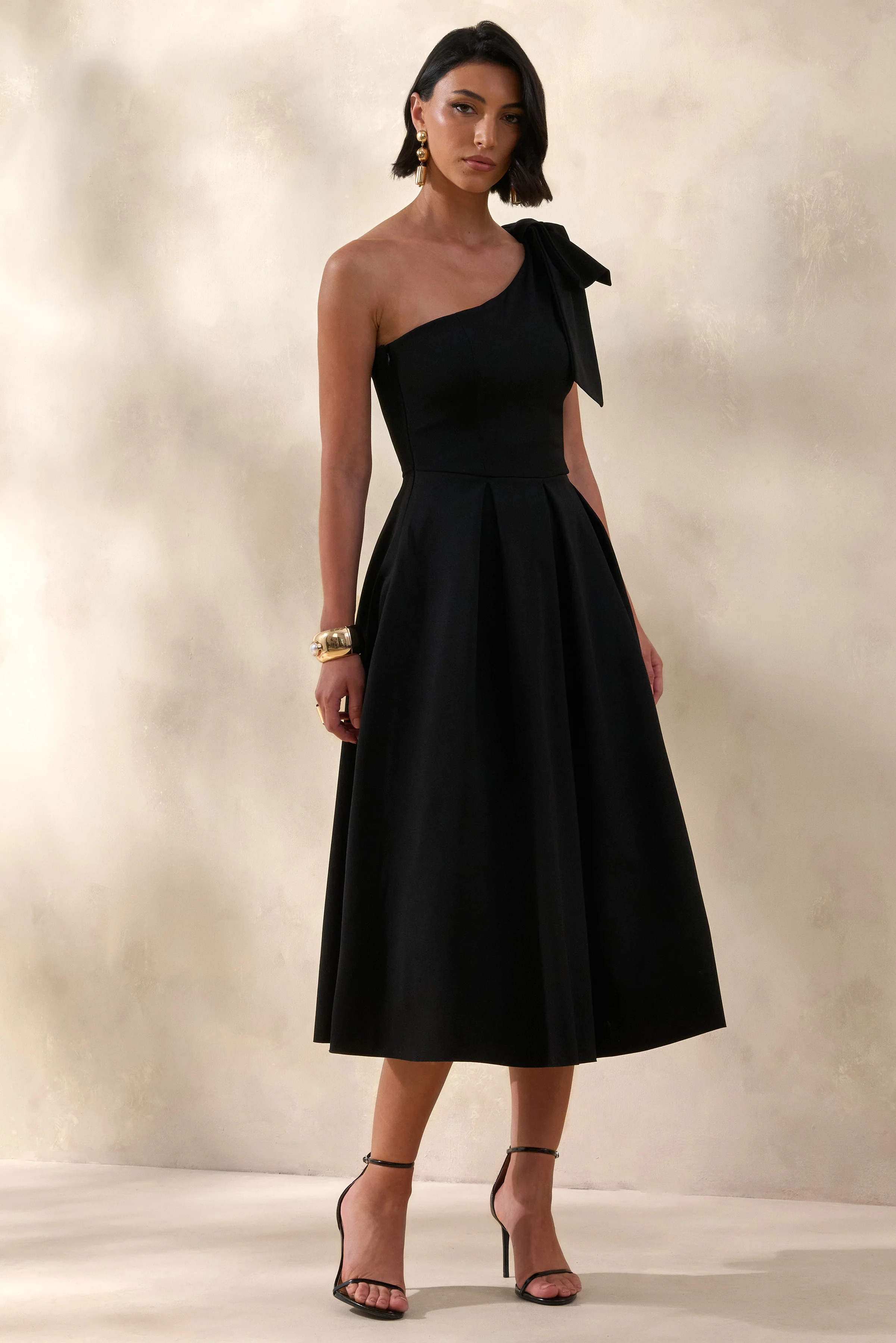 Meria | Black Asymmetric-Neck Midi Dress With Bow-Sleeve - Image 5
