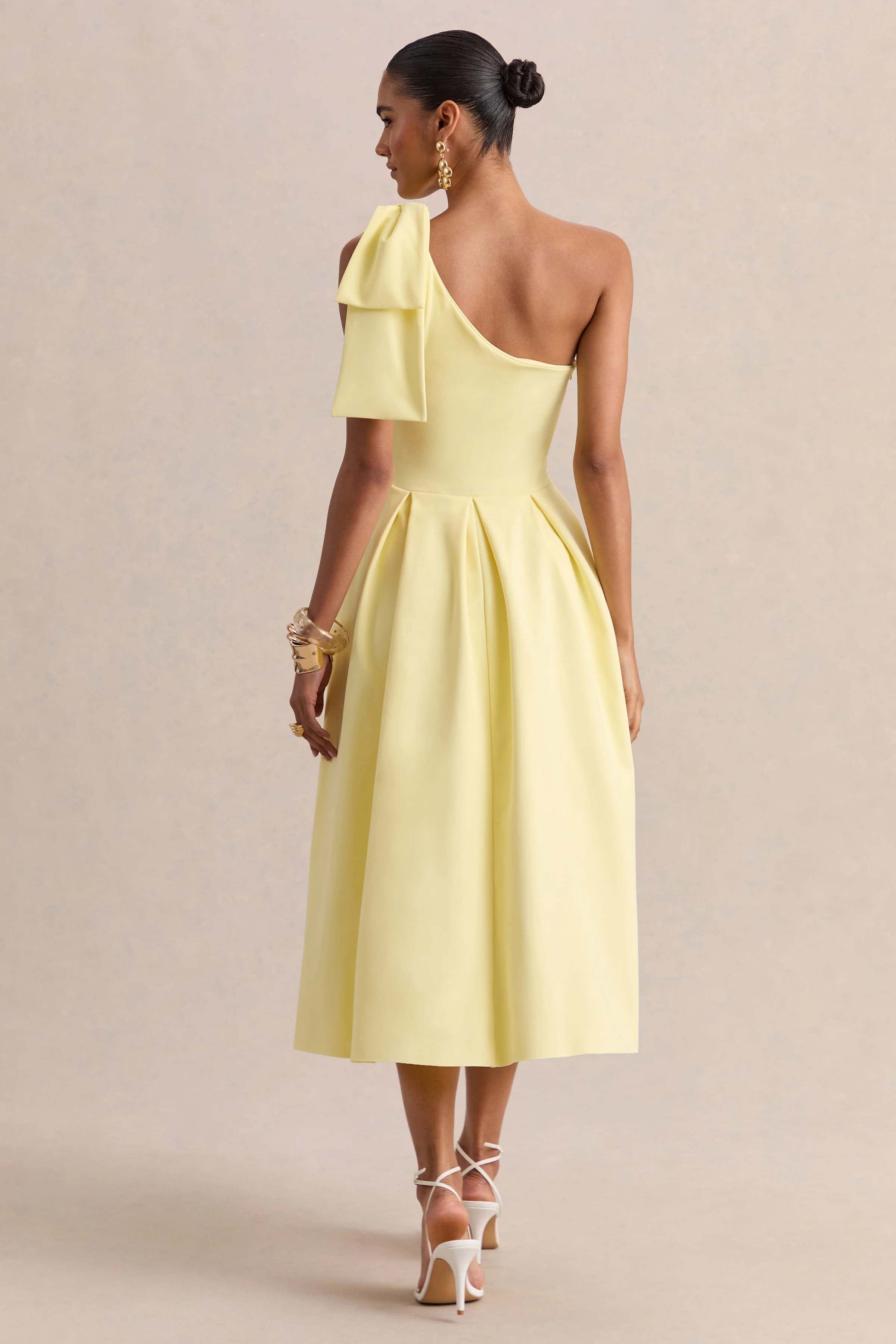 Meria | Lemon Asymmetric-Neck Midi Dress With Bow-Sleeve - Image 2