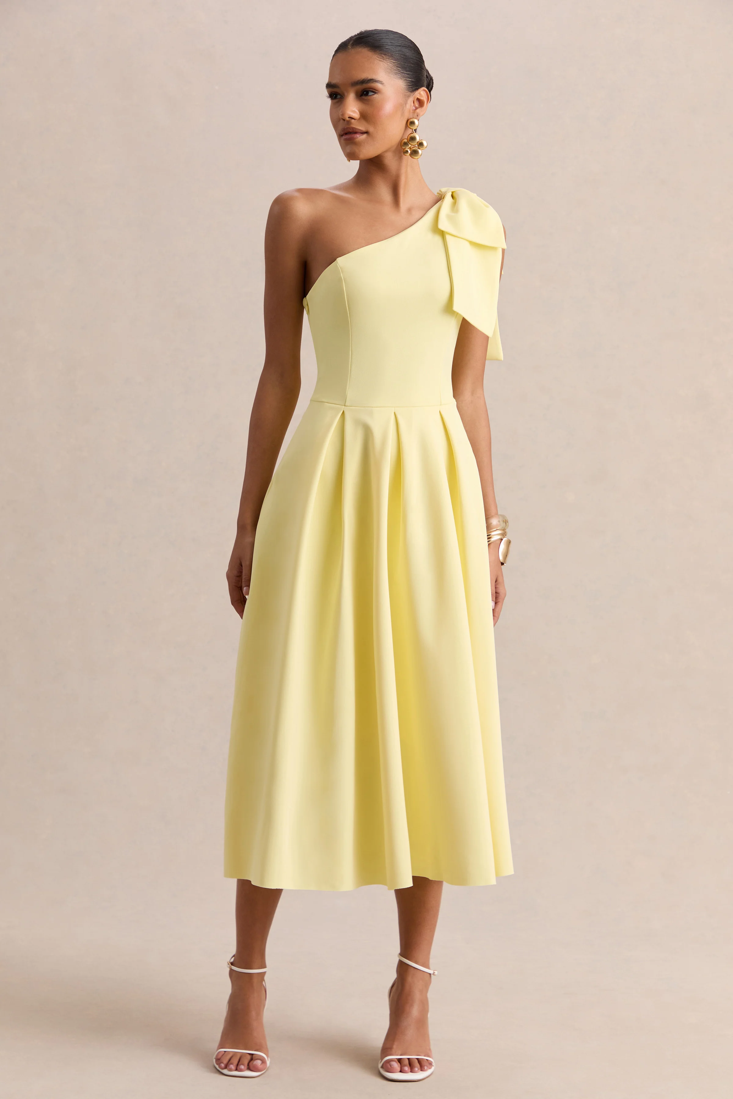 Meria | Lemon Asymmetric-Neck Midi Dress With Bow-Sleeve - Image 4