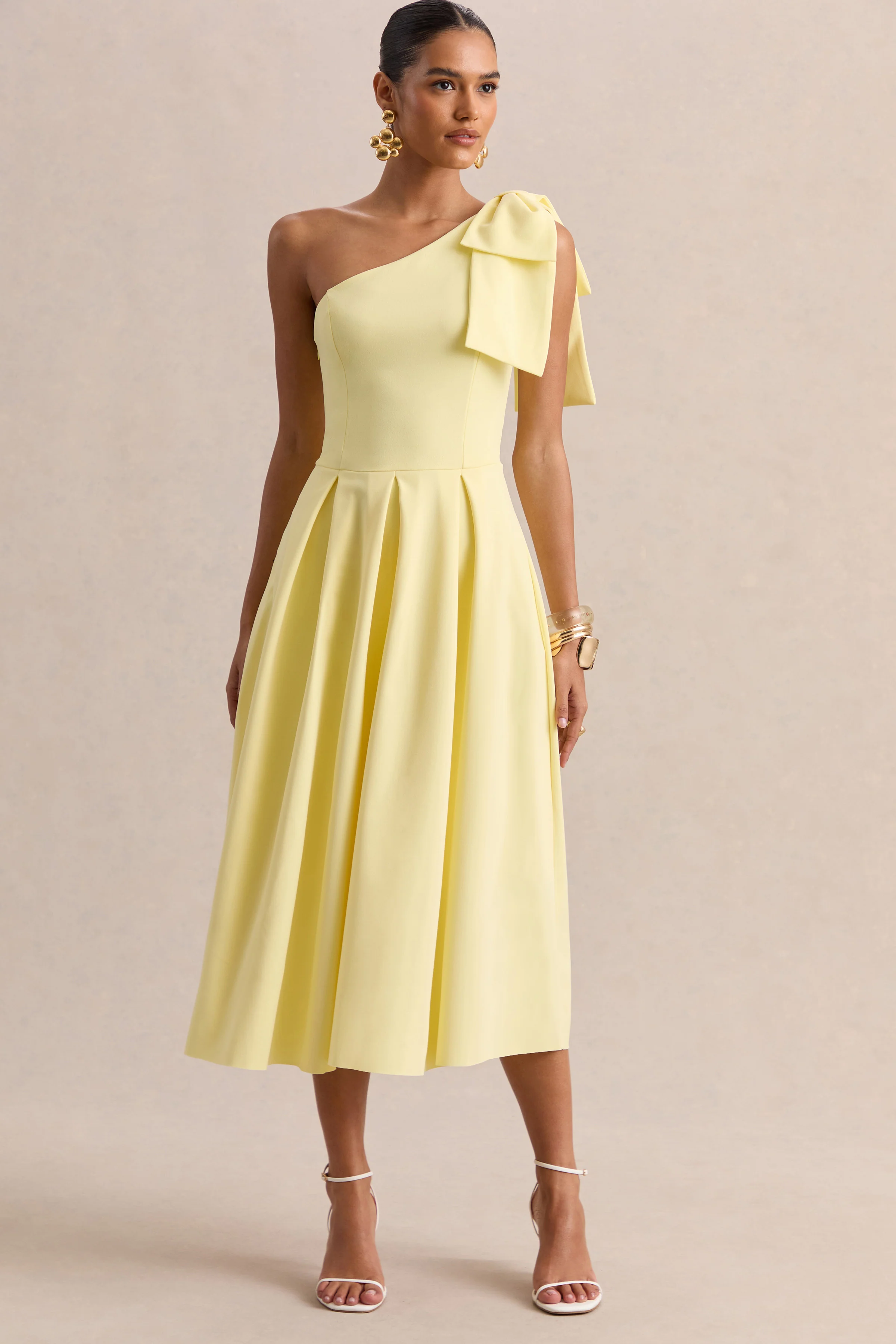 Meria | Lemon Asymmetric-Neck Midi Dress With Bow-Sleeve - Image 5