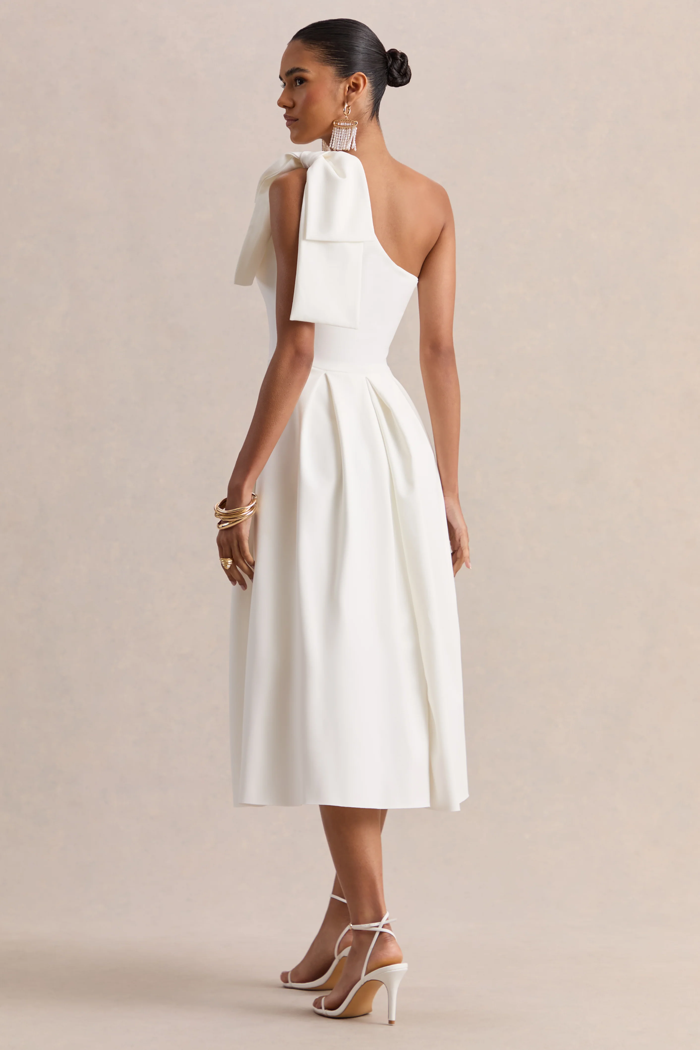Meria | White Asymmetric-Neck Midi Dress With Bow-Sleeve - Image 2