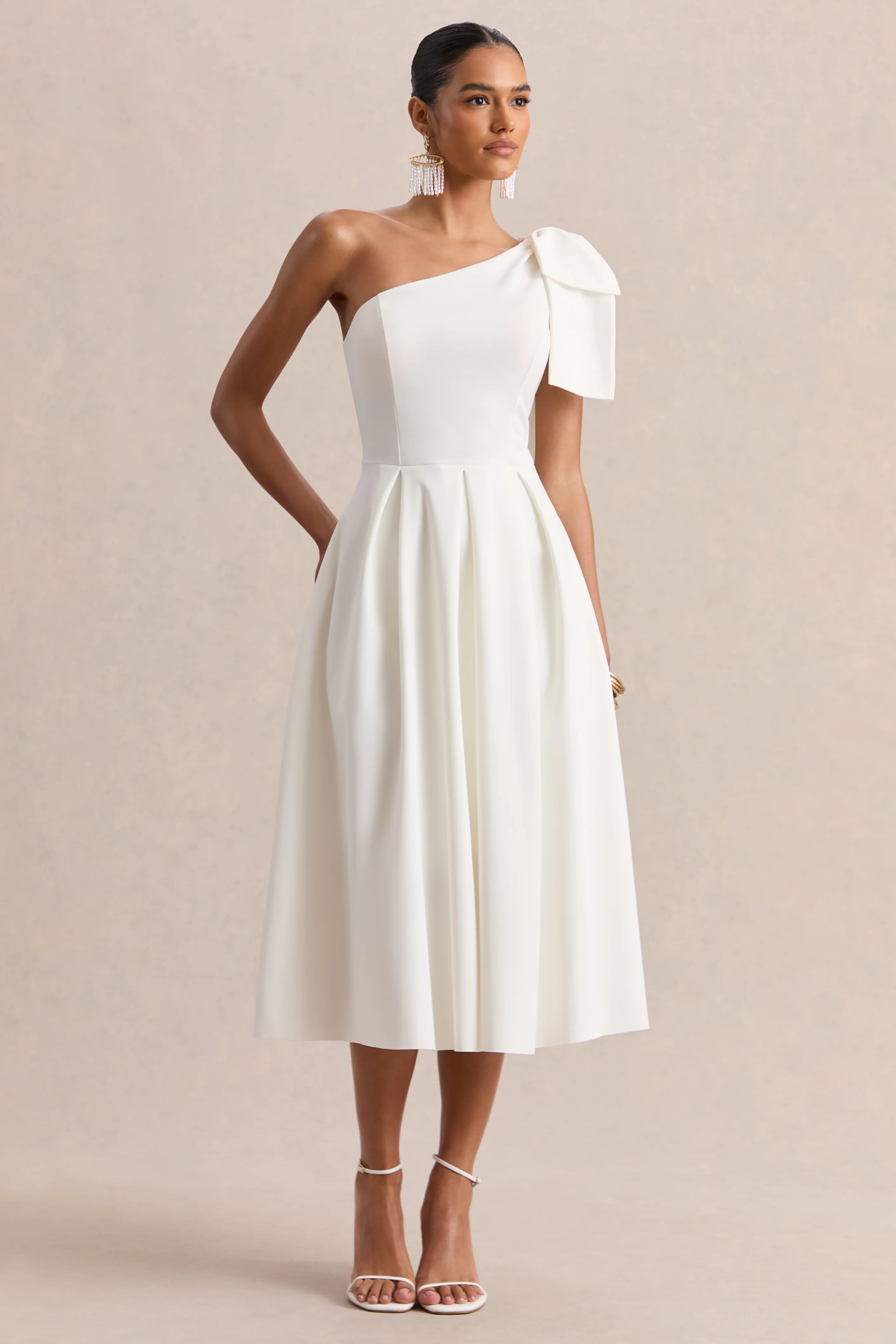 Meria | White Asymmetric-Neck Midi Dress With Bow-Sleeve - Image 5