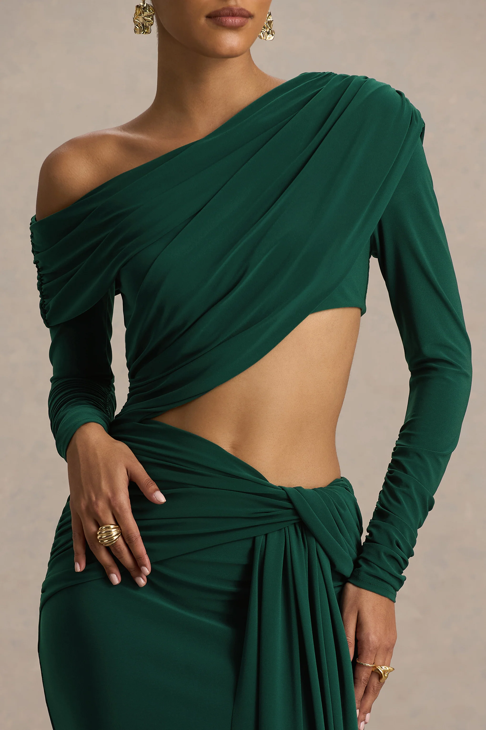 Mikayla | Dark Green Asymmetric-Neck Wrap Maxi Dress With Body Cut-Out And Ruched Detailing - Image 4