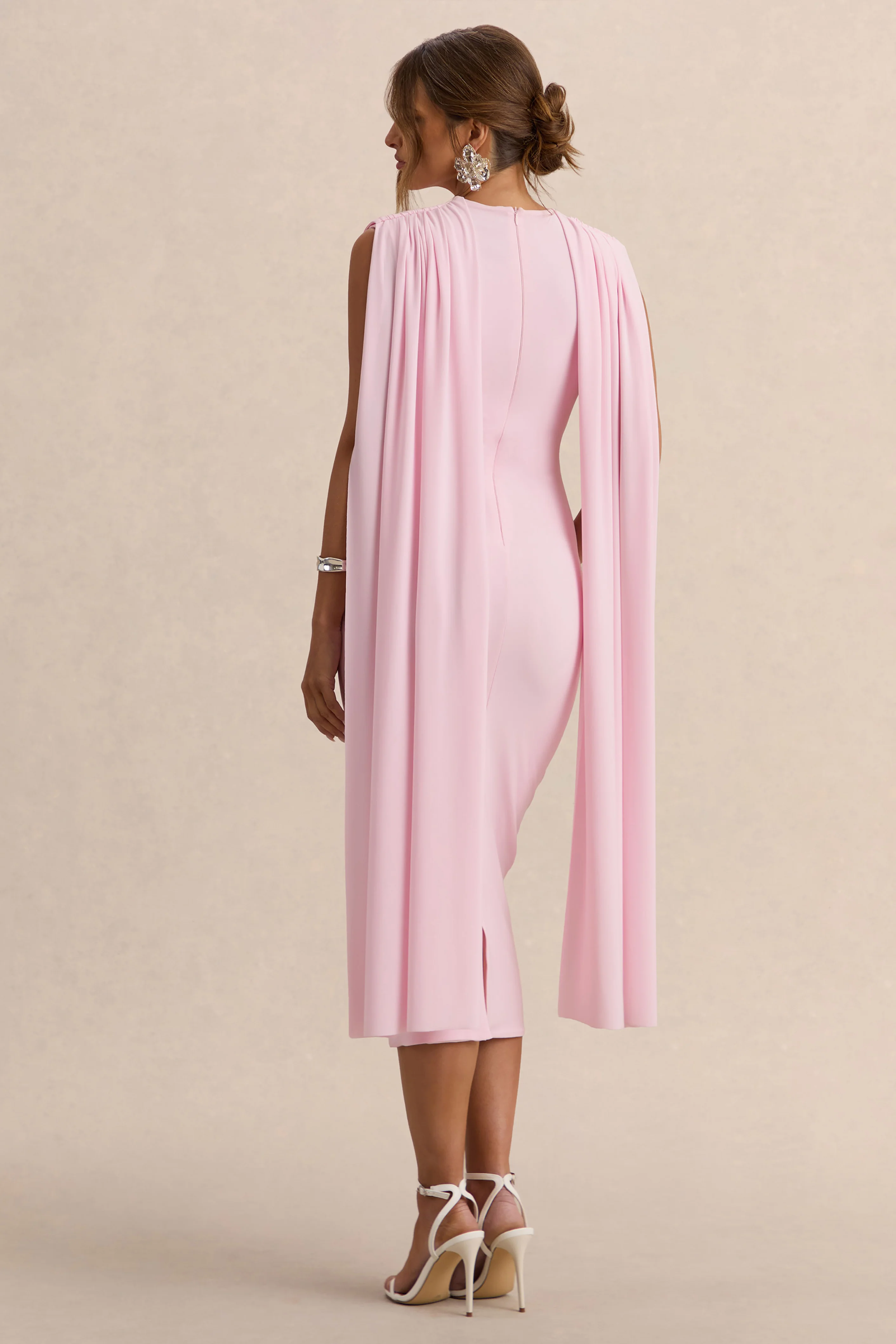 Milaine | Light Pink Round-Neck Maternity Midi Dress With Cape Sleeves - Image 2