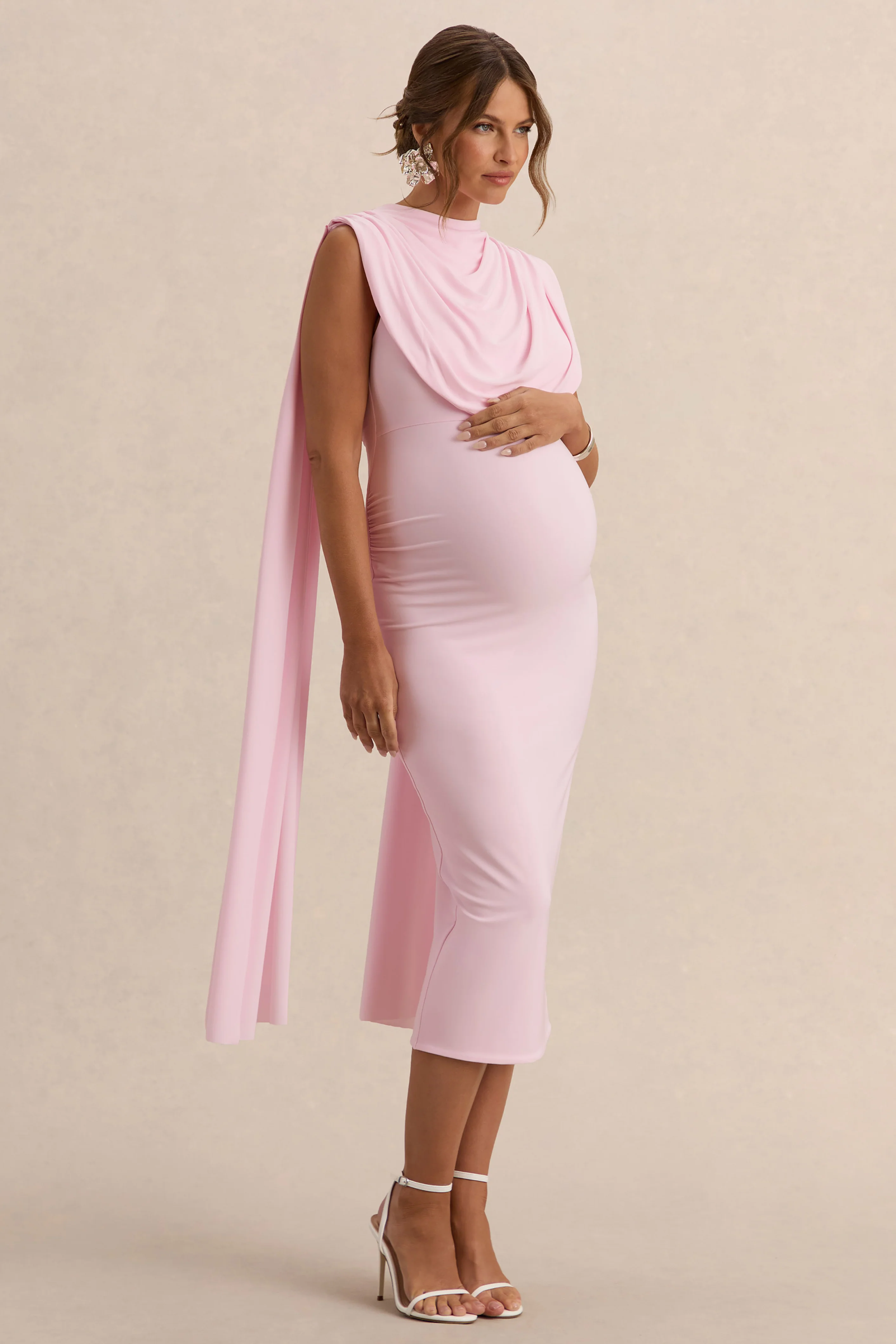 Milaine | Light Pink Round-Neck Maternity Midi Dress With Cape Sleeves - Image 4