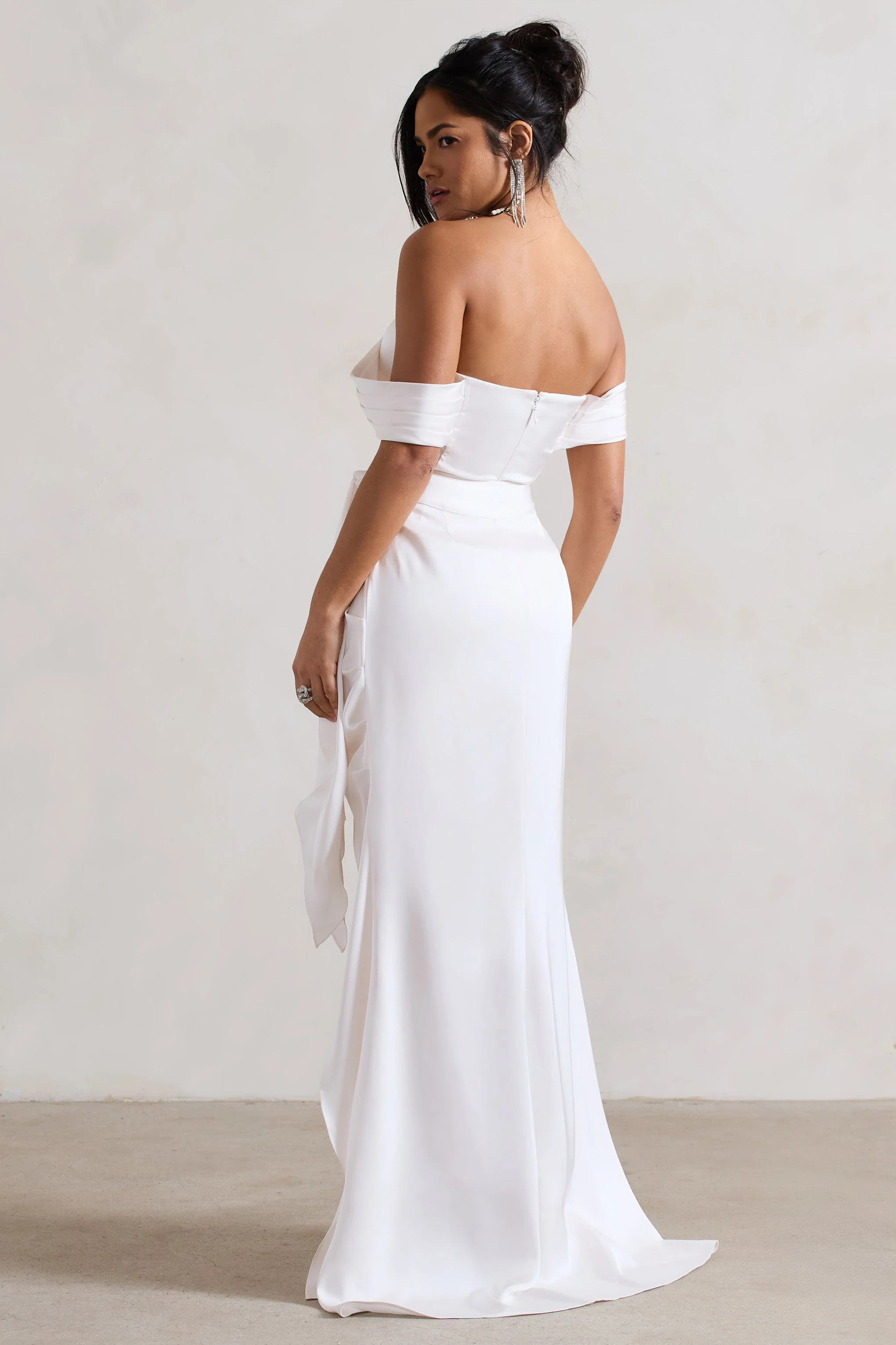 Milano | Cream Satin Bardot Maxi Dress With Detachable Skirt - Image 2