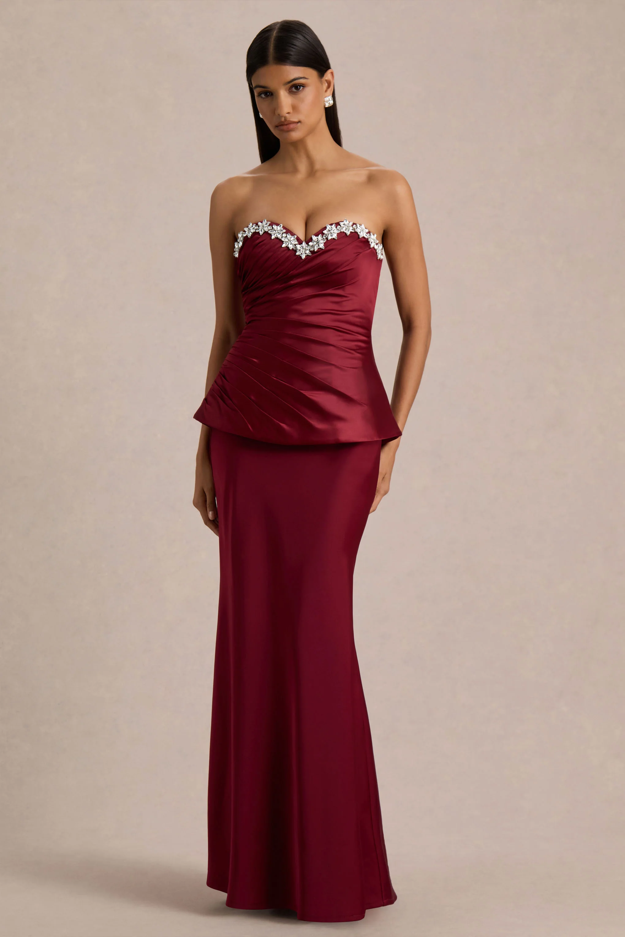 Milia | Burgundy Satin Hand-Embellished Strapless Corset Maxi Dress - Image 5