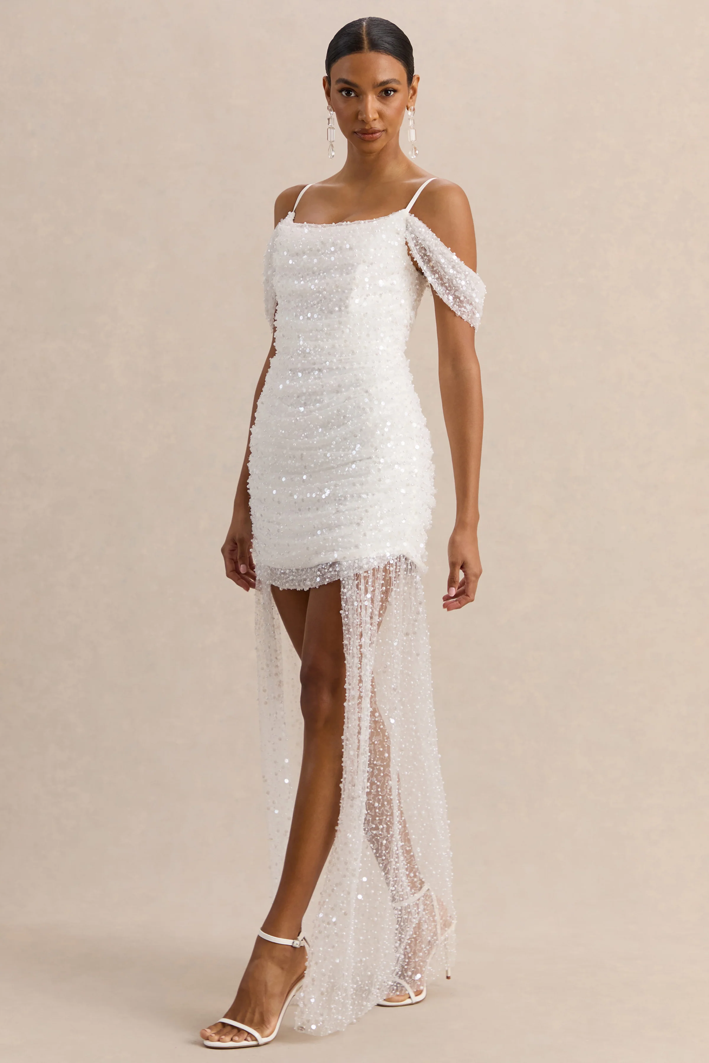 Millie | White Mesh Bardot-Neck Mini Dress With Draped Detailing - Image 5