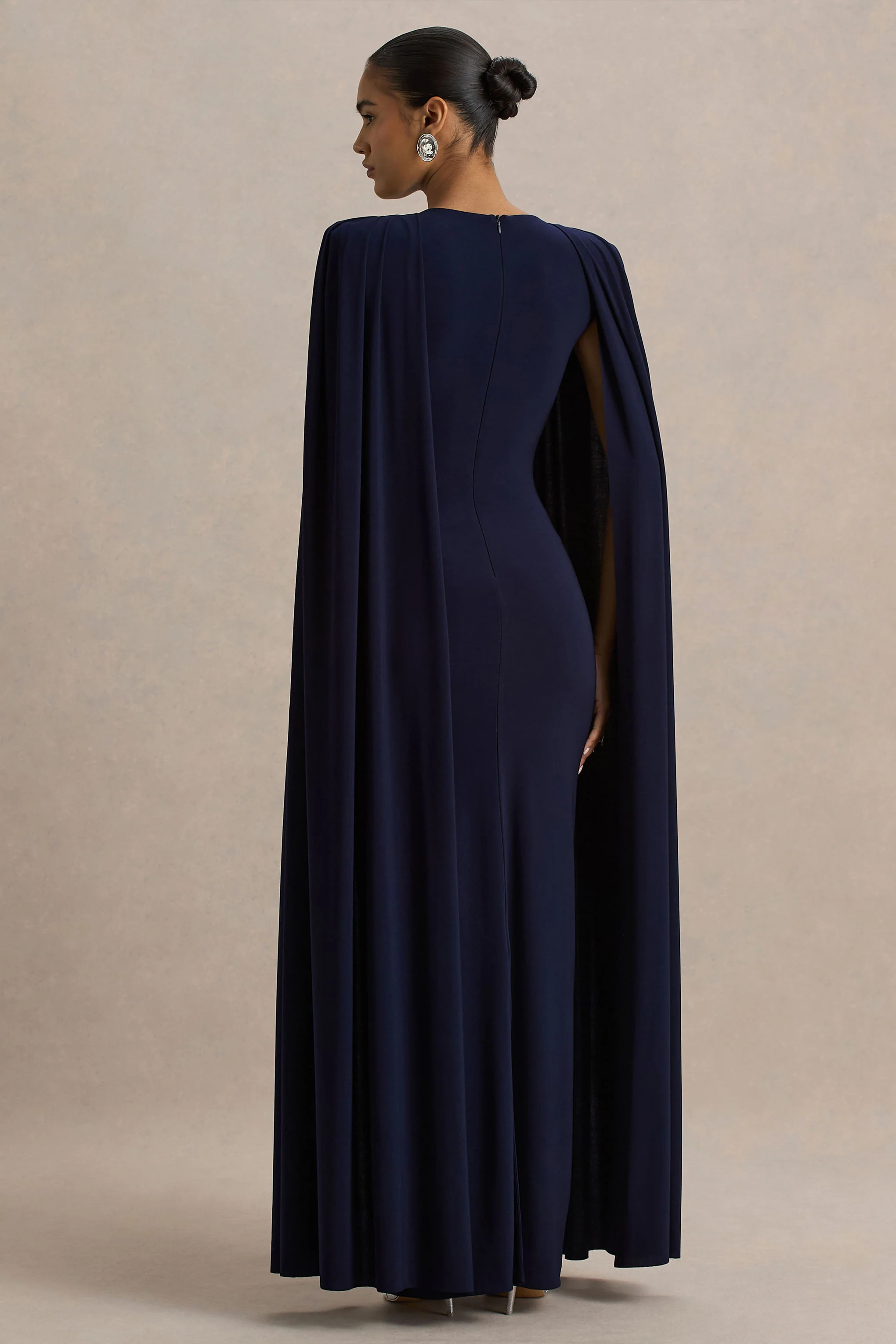 Mimi | Navy High-Neck Maxi Dress With Cape Sleeve Detail - Image 2