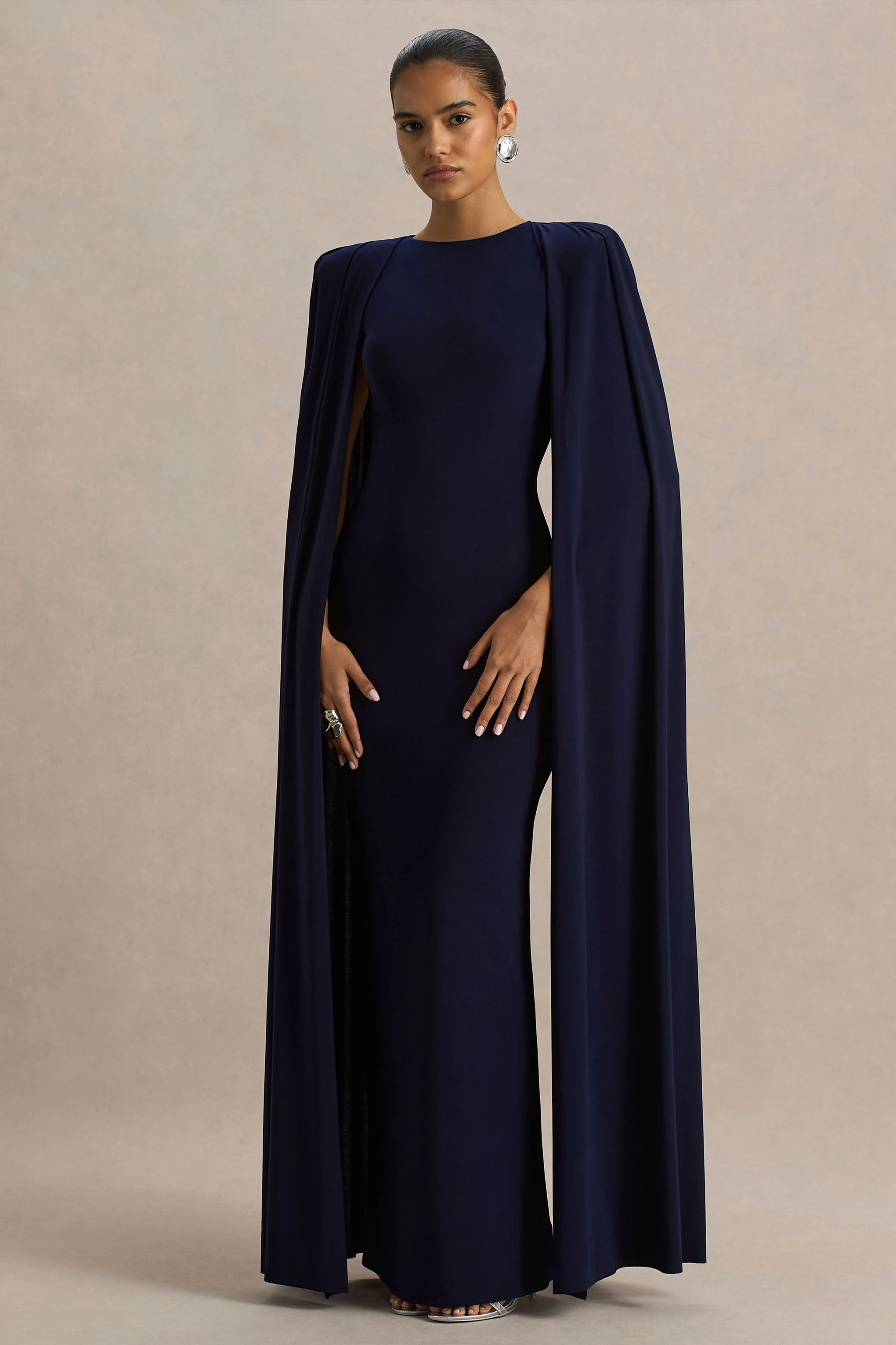 Mimi | Navy High-Neck Maxi Dress With Cape Sleeve Detail - Image 4