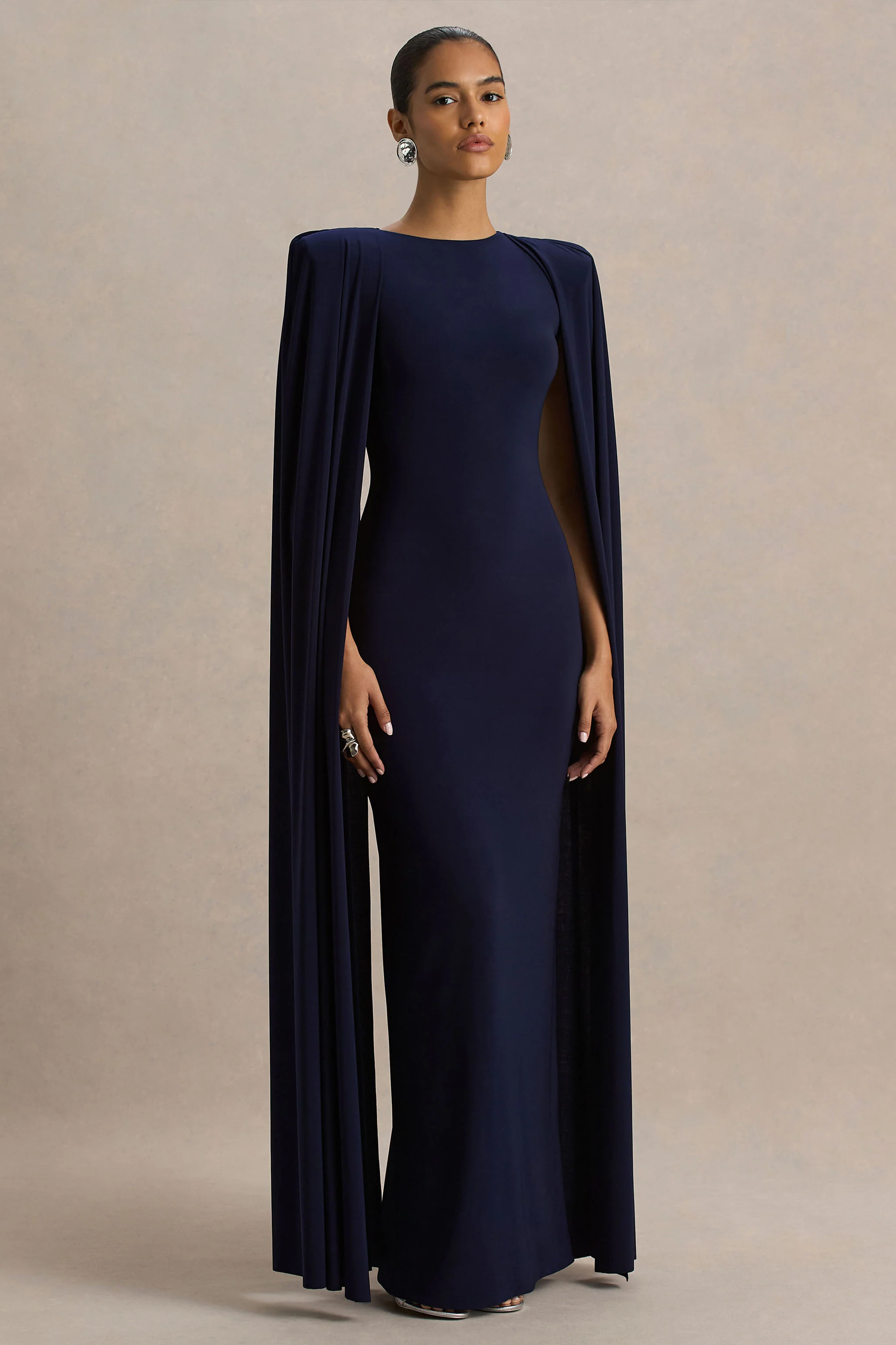 Mimi | Navy High-Neck Maxi Dress With Cape Sleeve Detail - Image 5