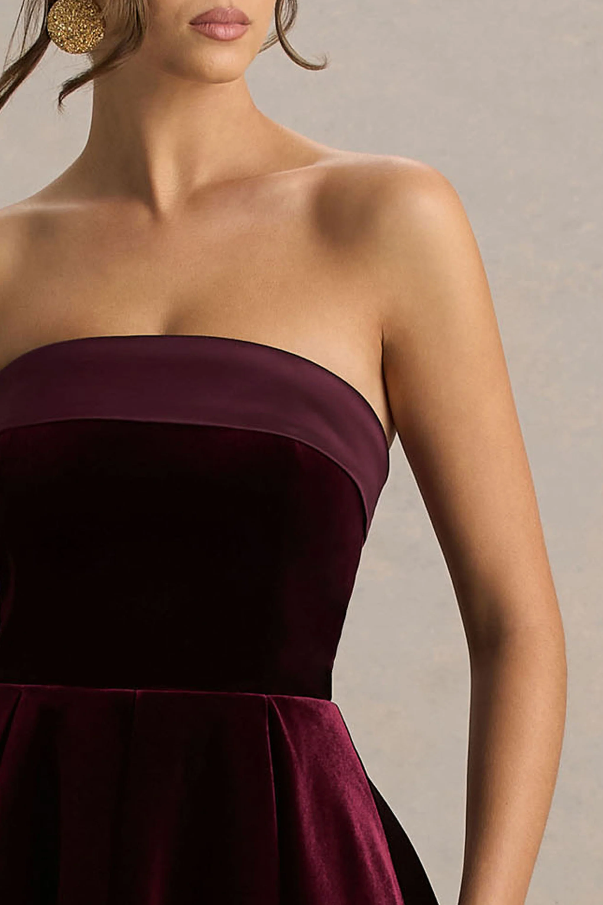 Mina | Burgundy Velvet And Satin Bandeau Skater Mini Dress - Image 3