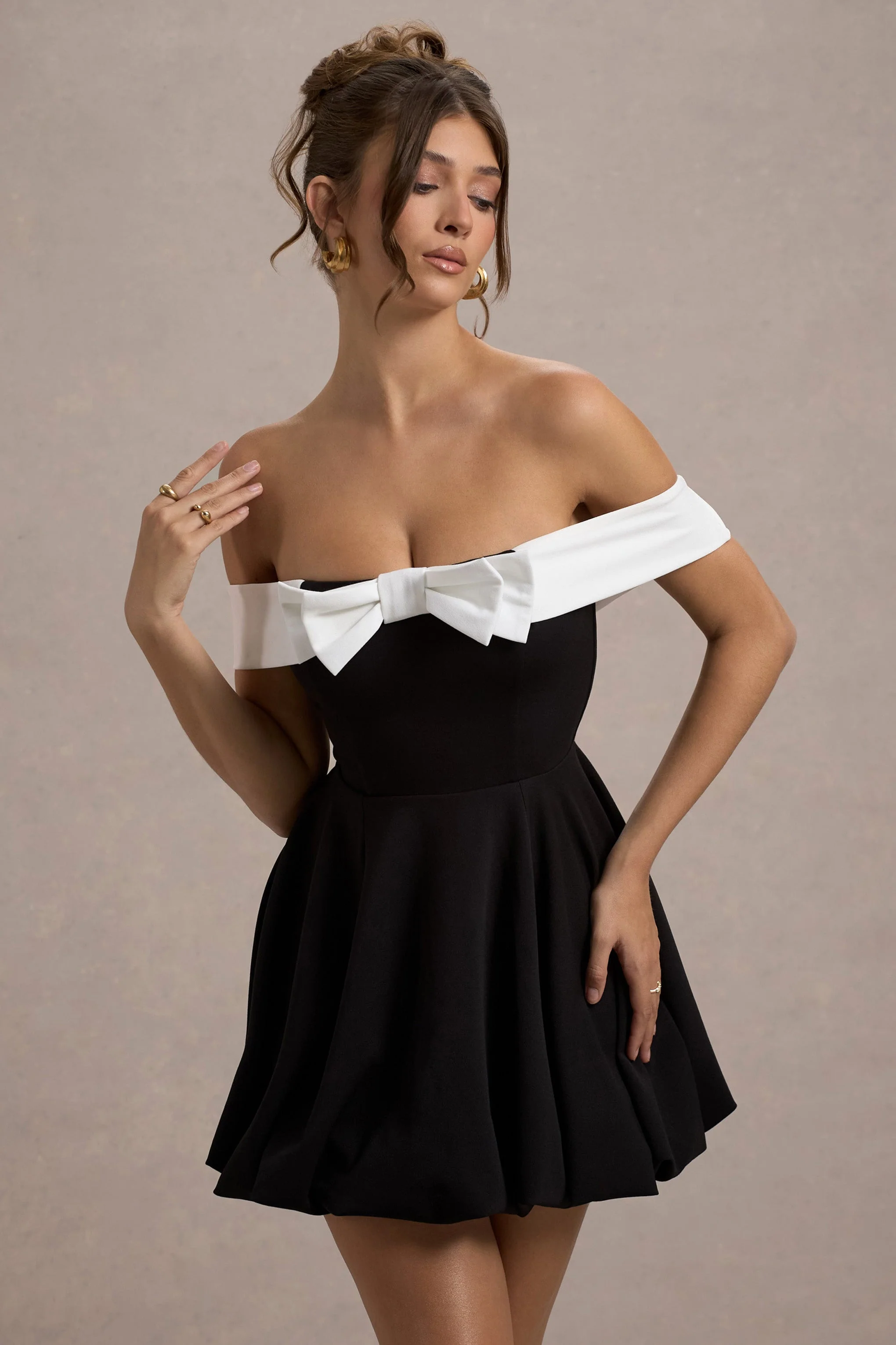Minimoiselle | Black & White Bow Bardot Mini Dress With Puff-Ball Skirt - Image 3
