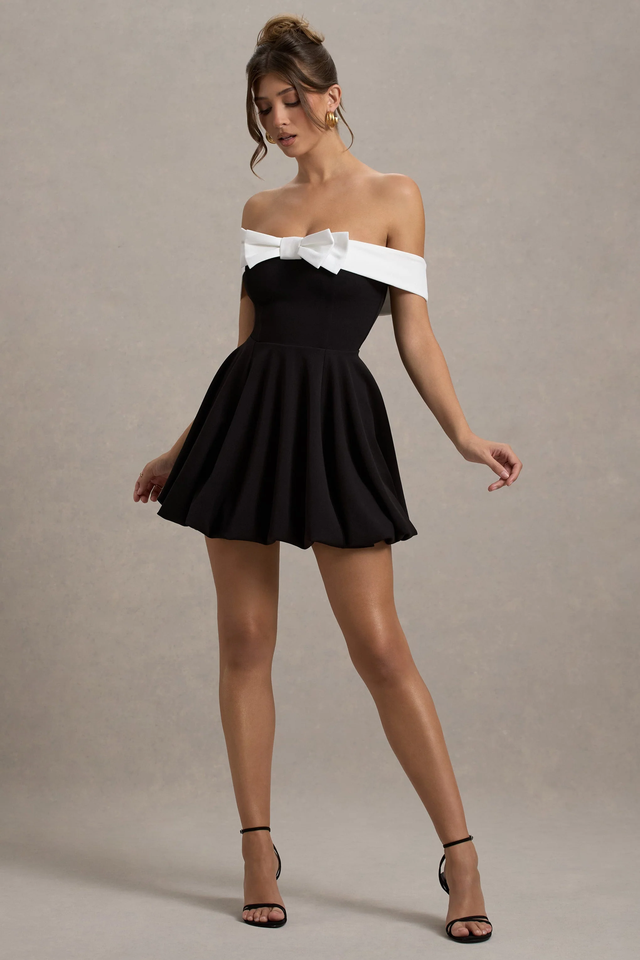 Minimoiselle | Black & White Bow Bardot Mini Dress With Puff-Ball Skirt - Image 6