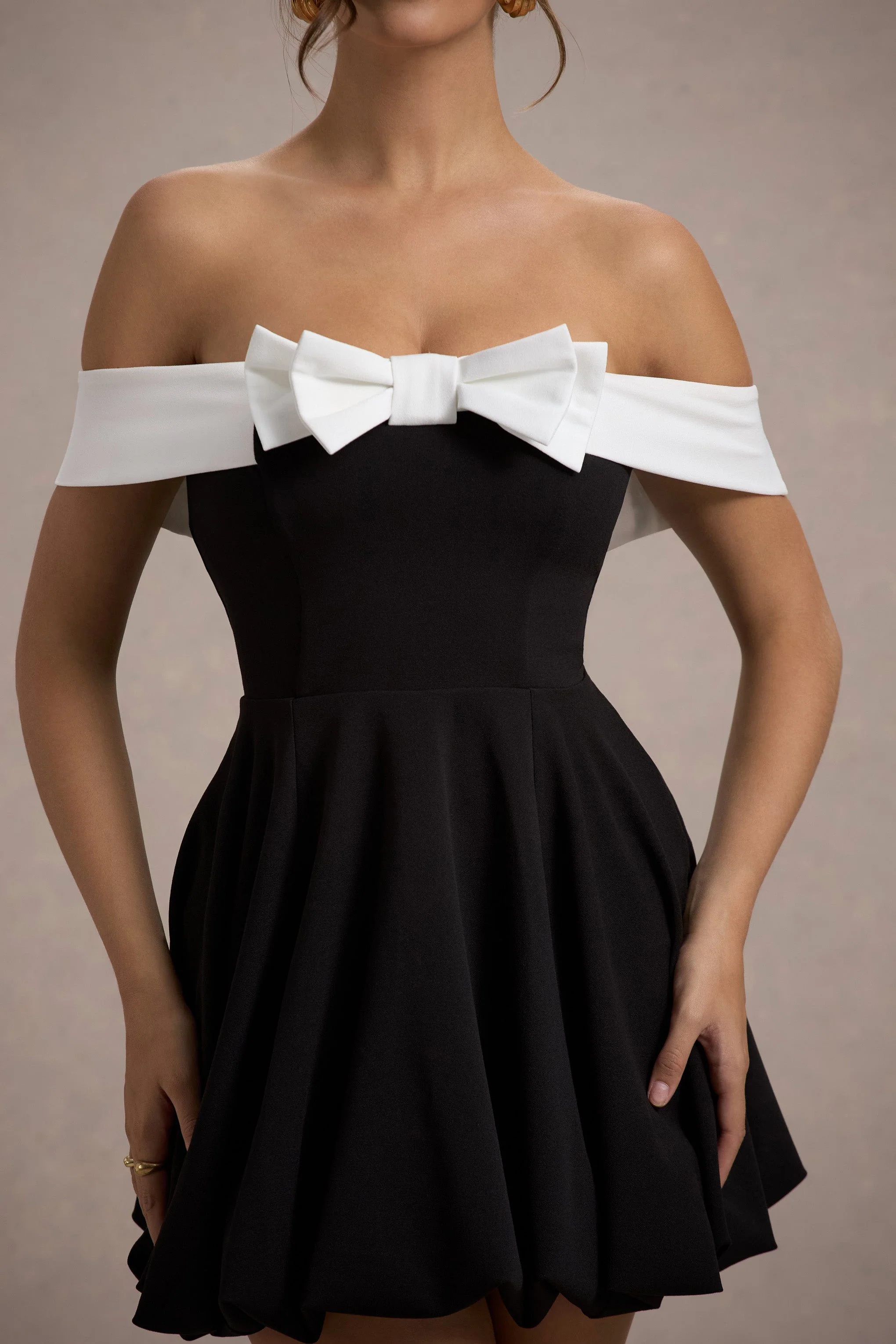 Minimoiselle | Black & White Bow Bardot Mini Dress With Puff-Ball Skirt - Image 7
