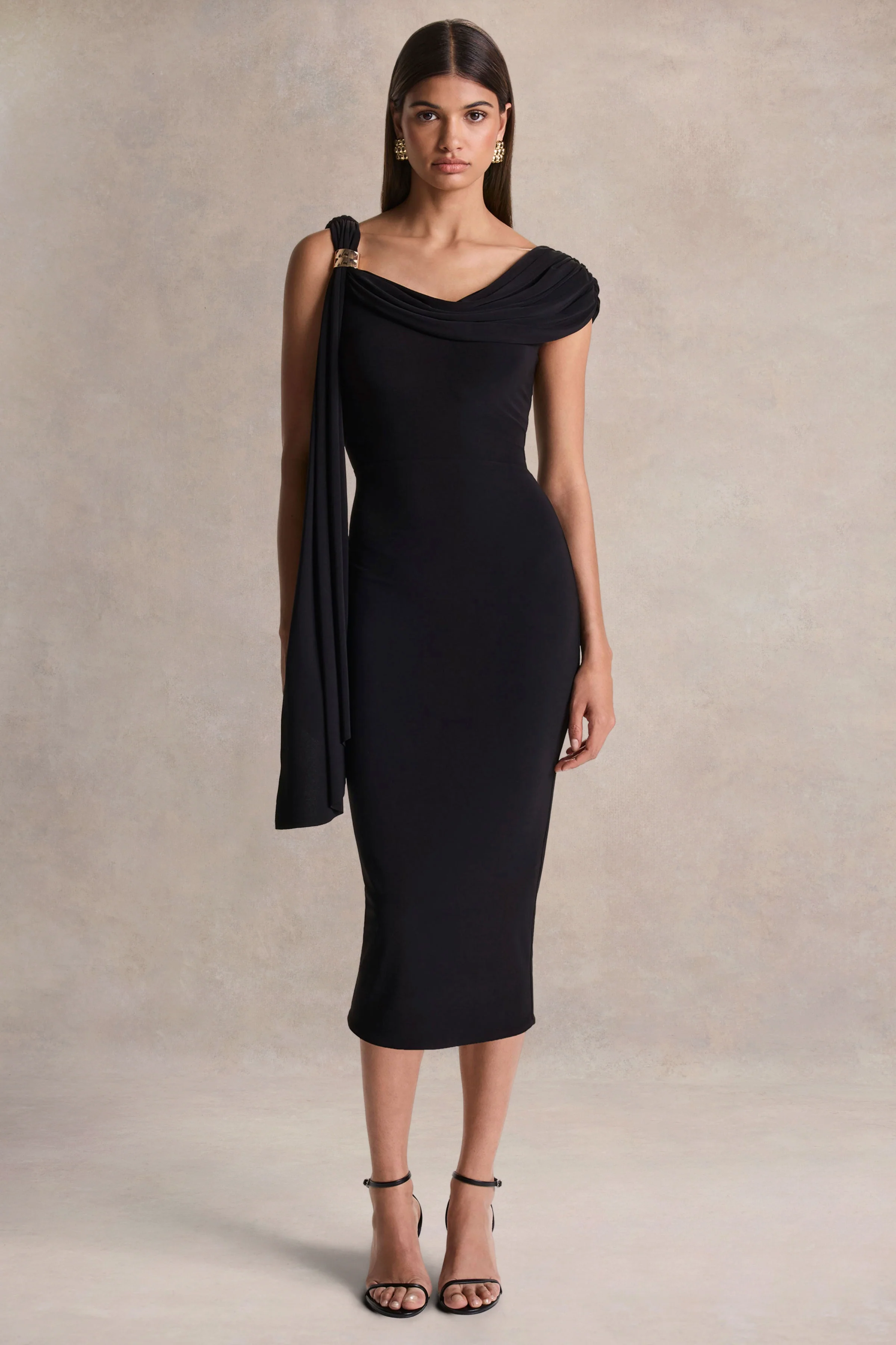 Mirelda | Black Asymmetric-Neck Midi Dress With Gold-Detail - Image 4