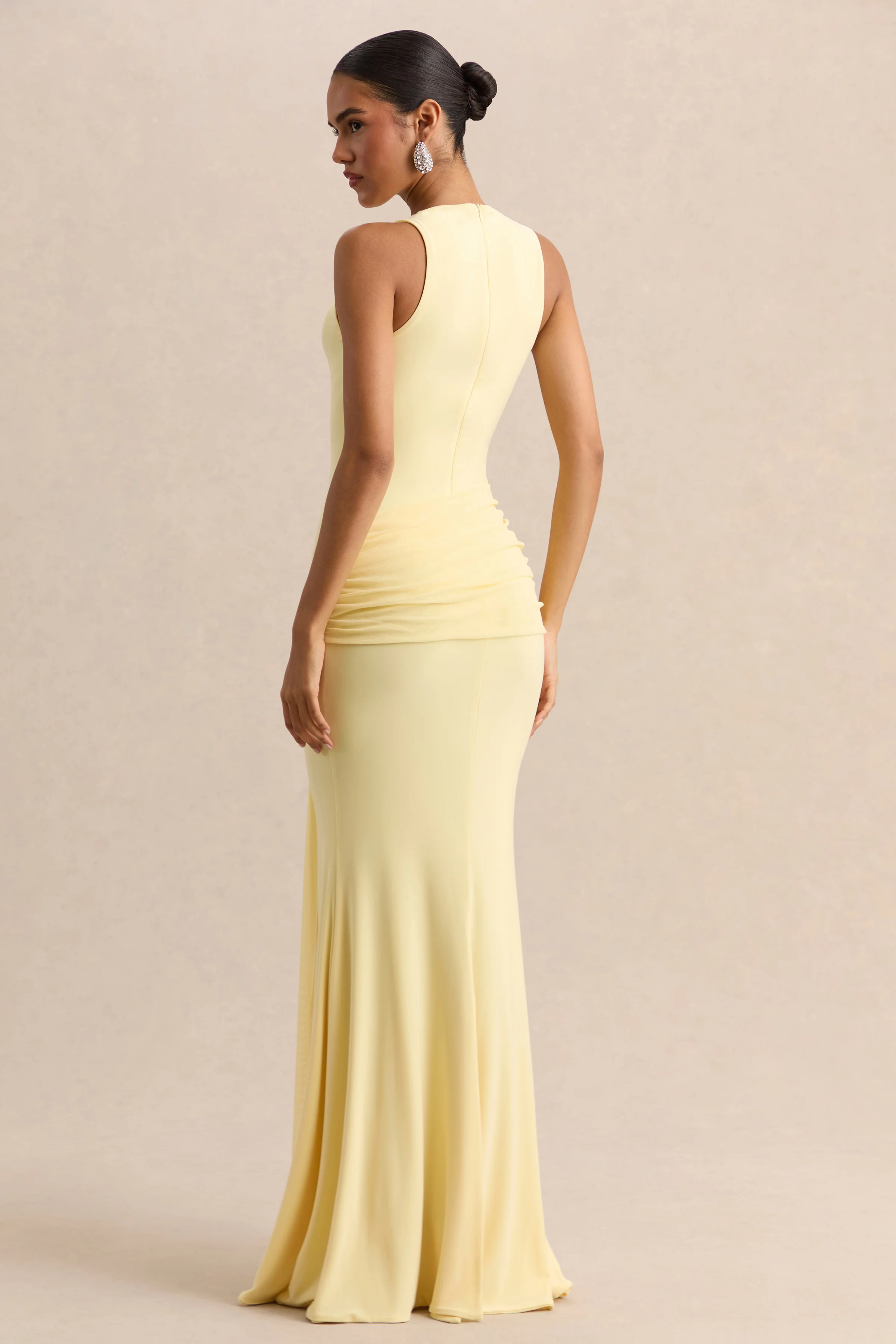 Mirene | Lemon Round-Neck Maxi-Dress With Gathered-Detailing And Sash - Image 2