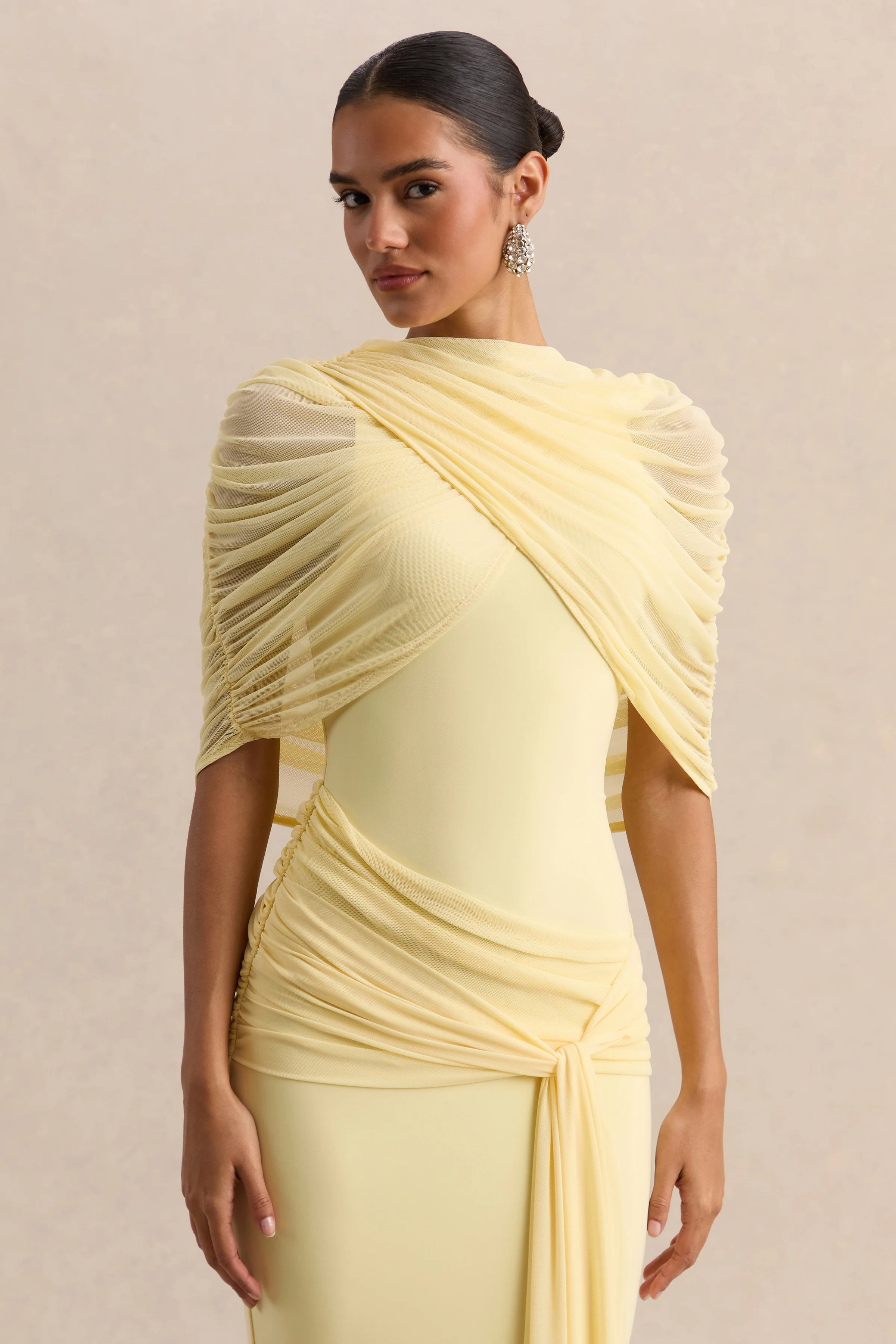 Mirene | Lemon Round-Neck Maxi-Dress With Gathered-Detailing And Sash - Image 3