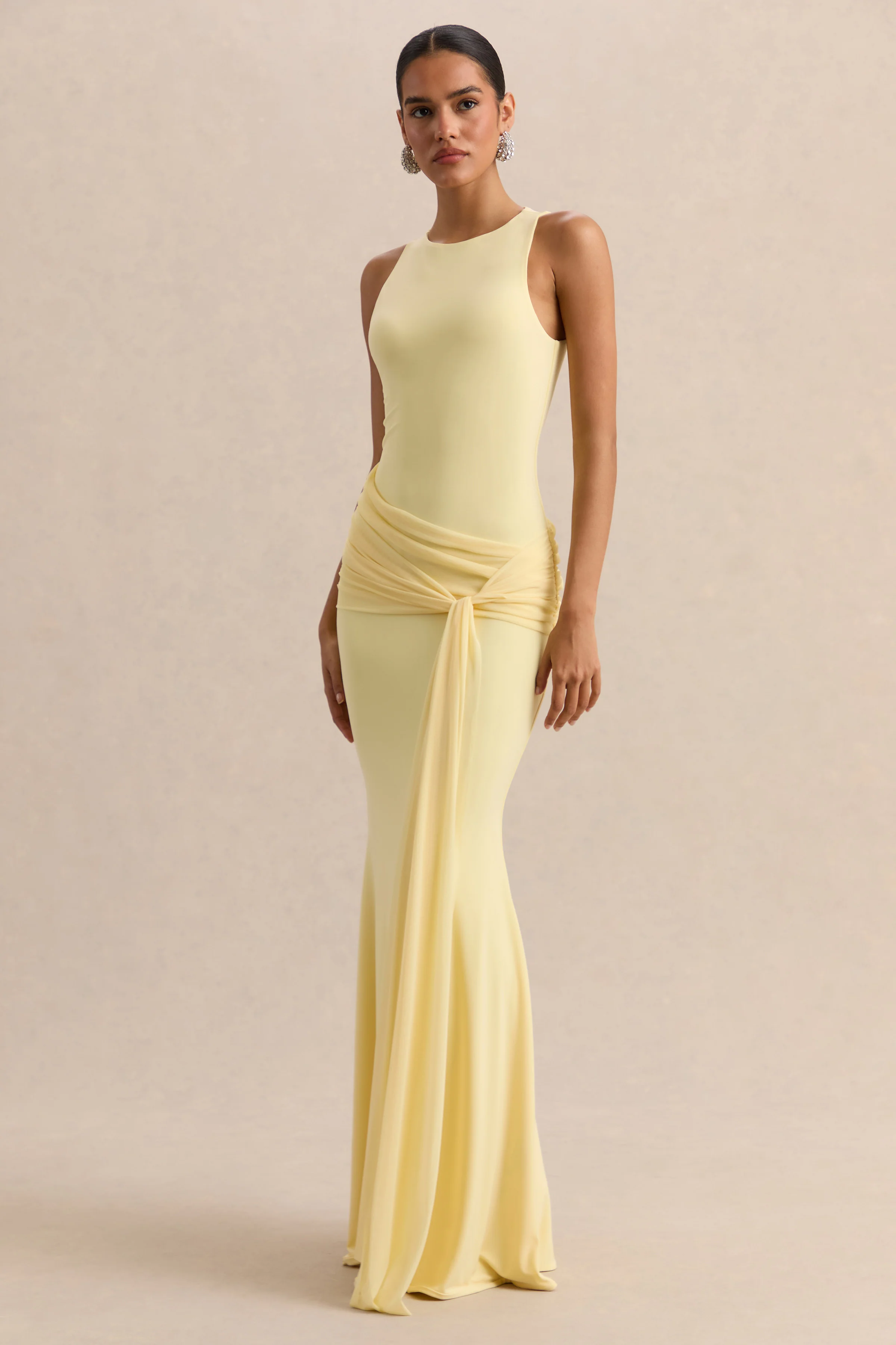 Mirene | Lemon Round-Neck Maxi-Dress With Gathered-Detailing And Sash - Image 4