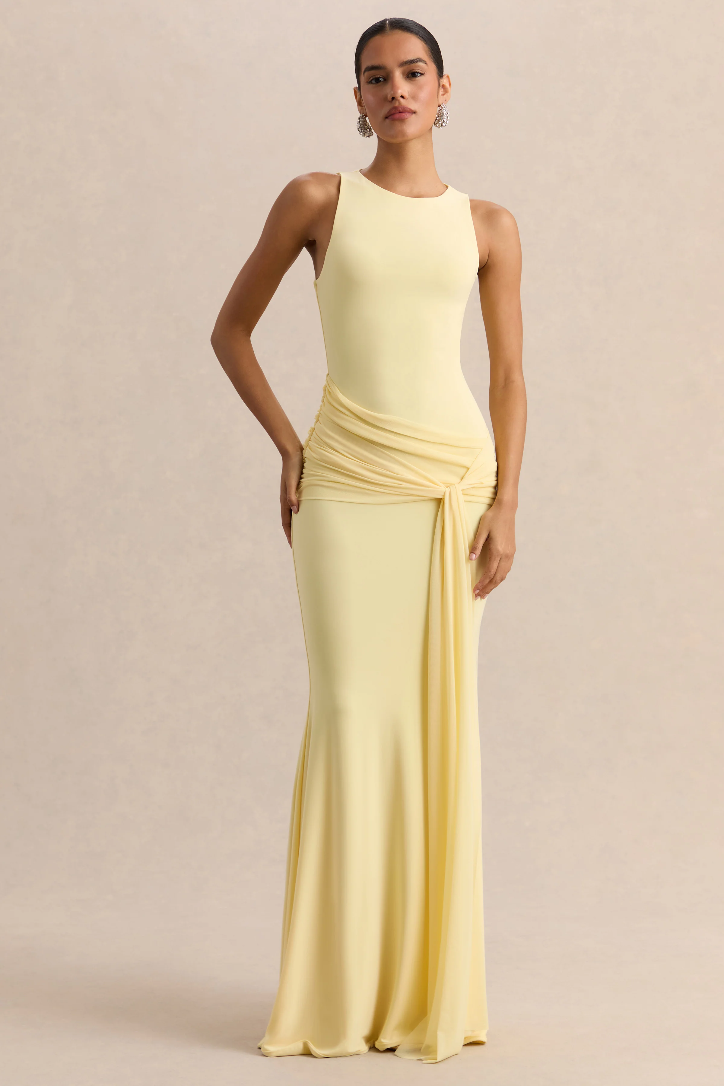 Mirene | Lemon Round-Neck Maxi-Dress With Gathered-Detailing And Sash - Image 6