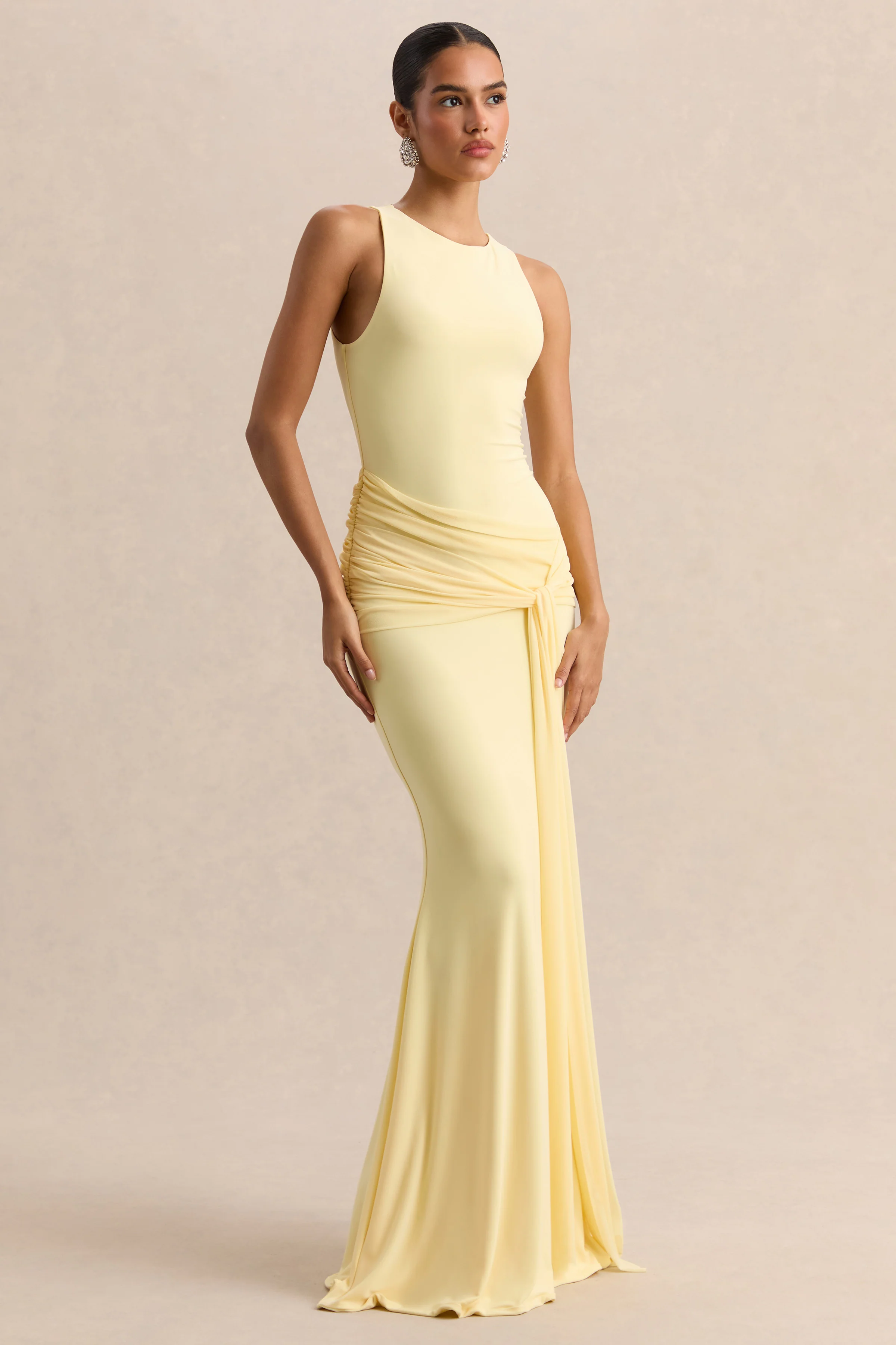 Mirene | Lemon Round-Neck Maxi-Dress With Gathered-Detailing And Sash - Image 7